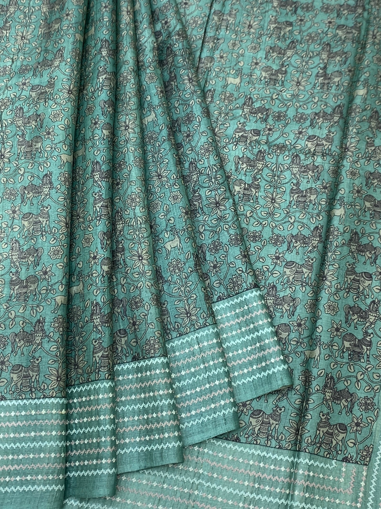 Enchanting Teal: Woodland Folk-Art Tussore Printed Saree