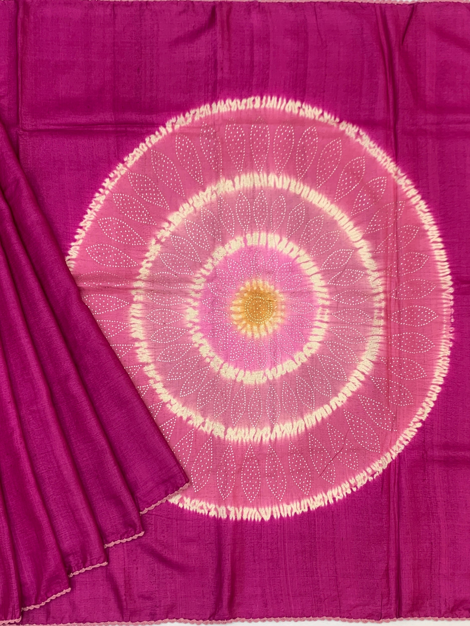 Radiant Fuchsia: Shibori-Inspired Mandala Tussar Silk Saree with Botanical Embroidery