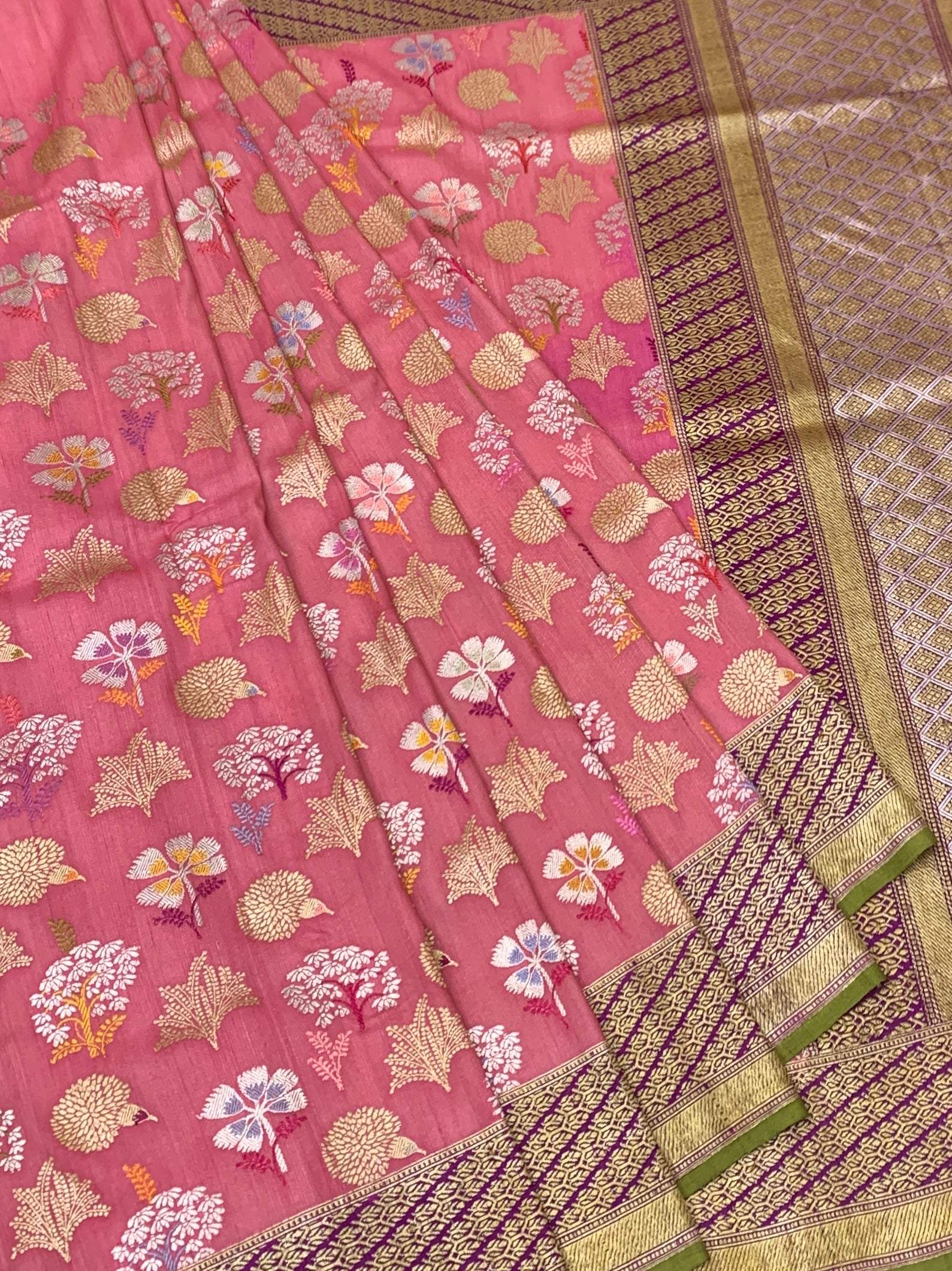 Soft Rose Pink Tussore Georgette Saree with Meenakari Botanicals and Olive Blouse
