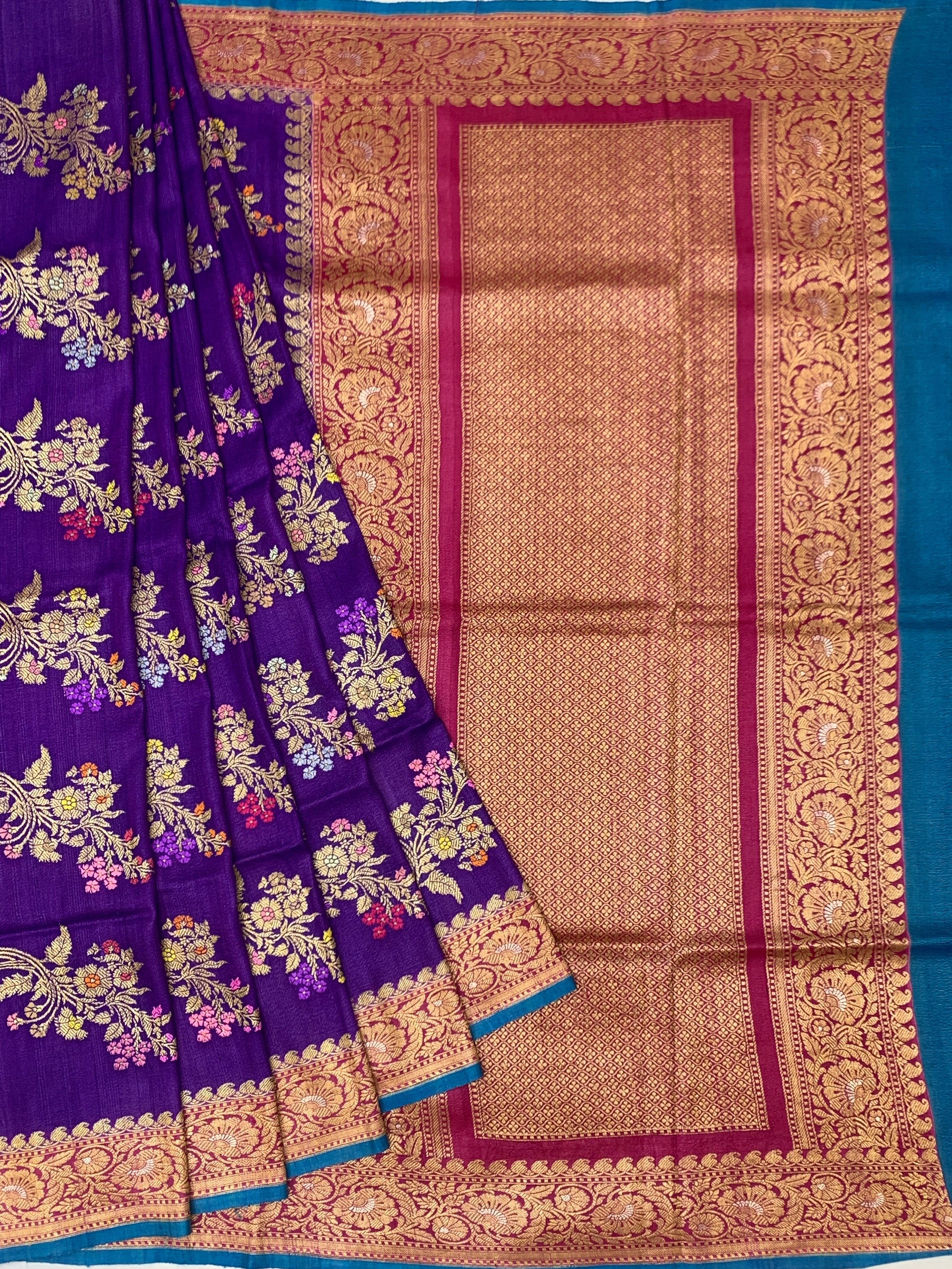 Royal Purple Tussore Georgette Saree with Meenakari Floral Jaal & Contrast Peacock Blue Blouse