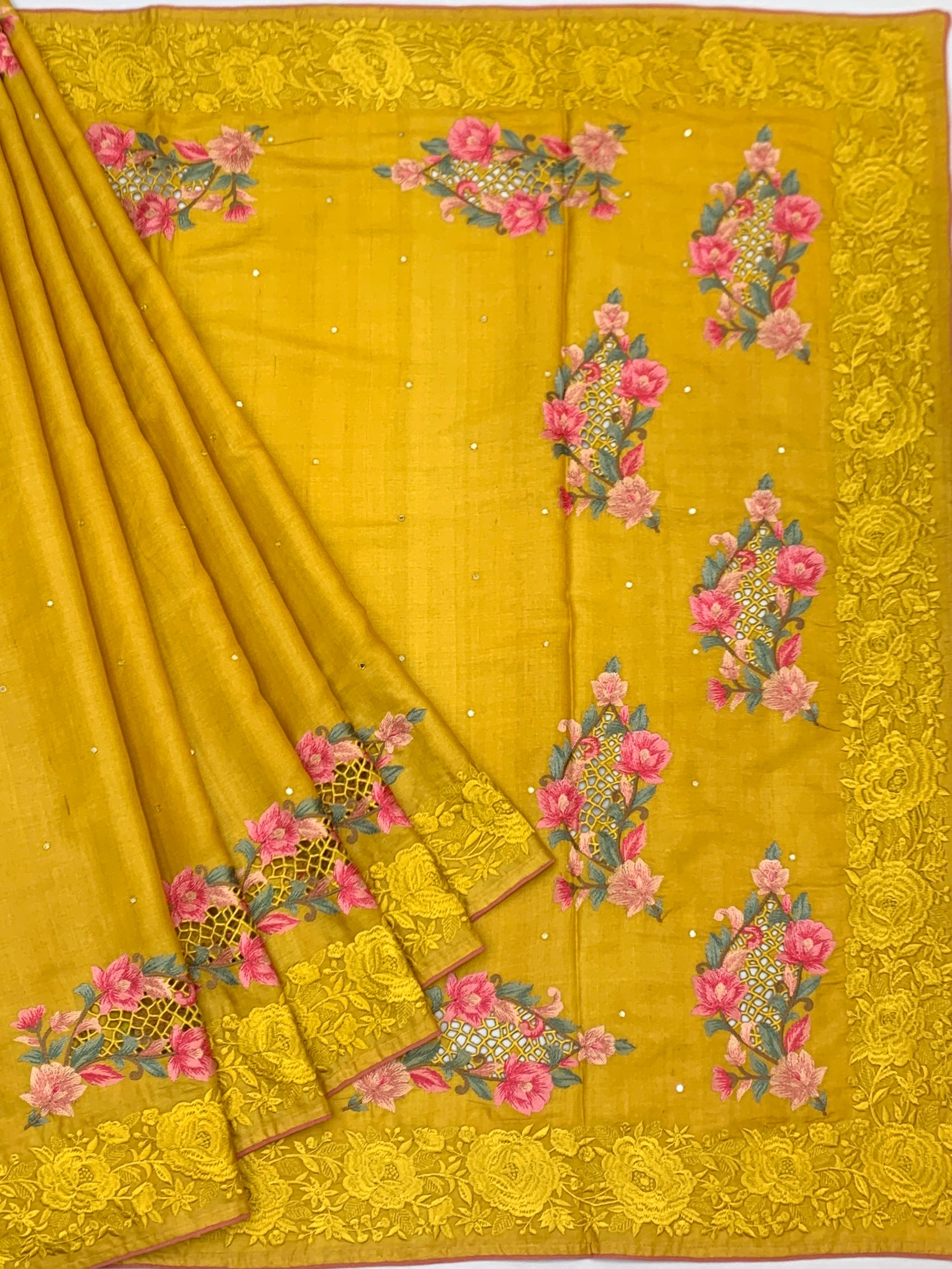 Mustard Yellow Tussore Silk Saree with Floral Cutwork Motifs & Tone-on-Tone Embroidered Border