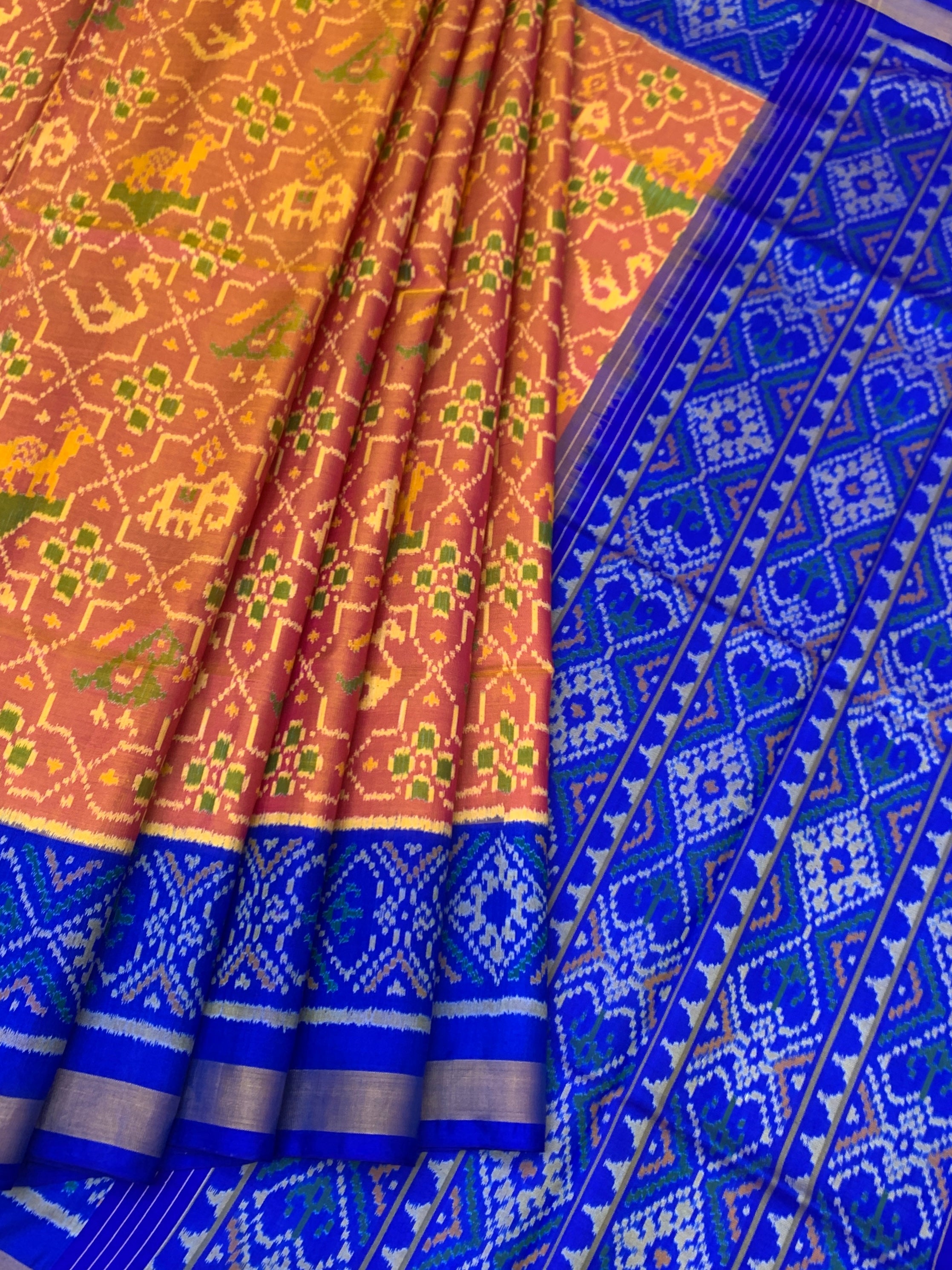 Heritage Peach and Royal Blue Rajkot Patola Silk Saree with Classic Motifs