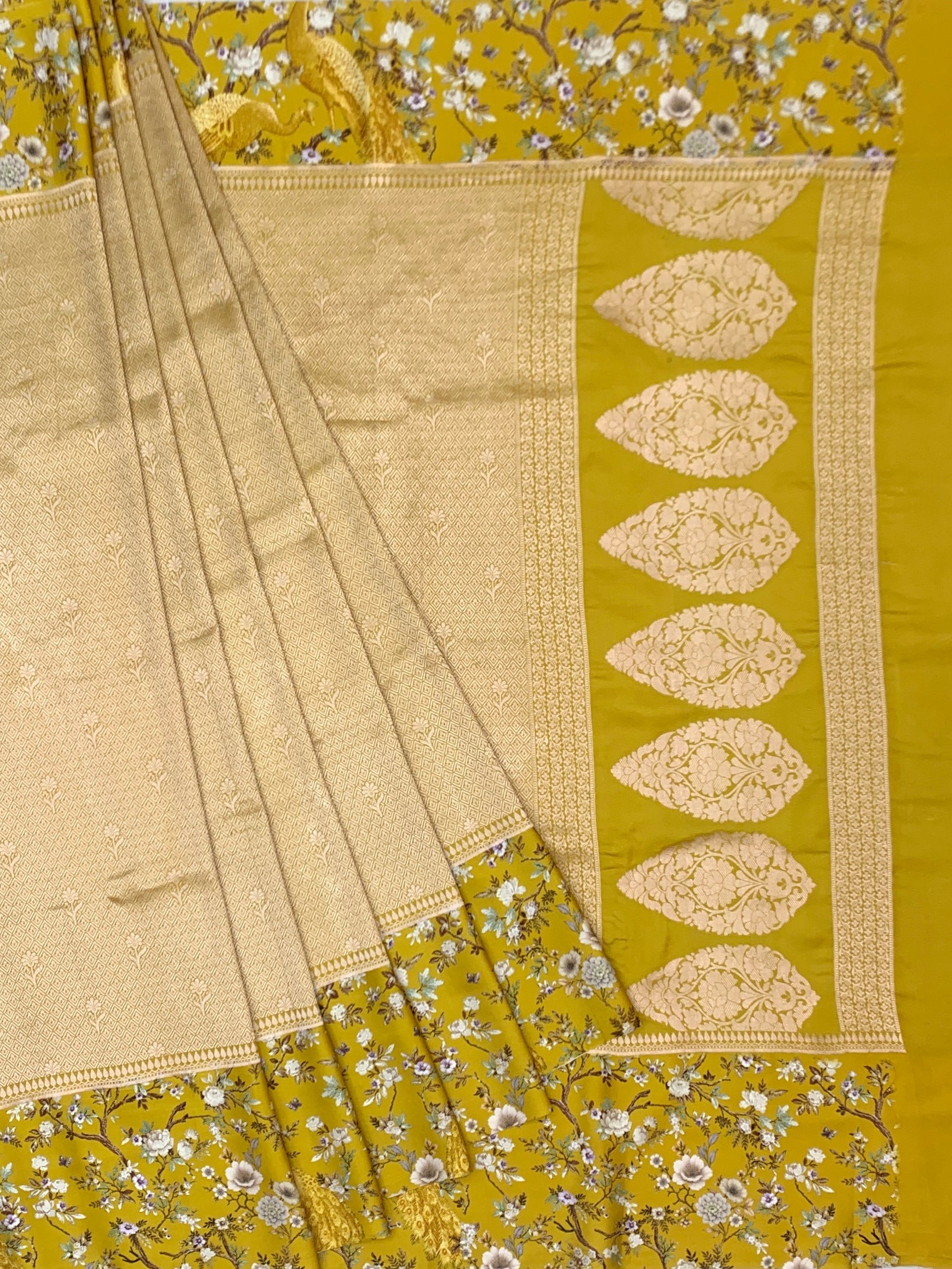 Radiant Chartreuse Gold Brocade Silk Saree with Royal Peacock Borders