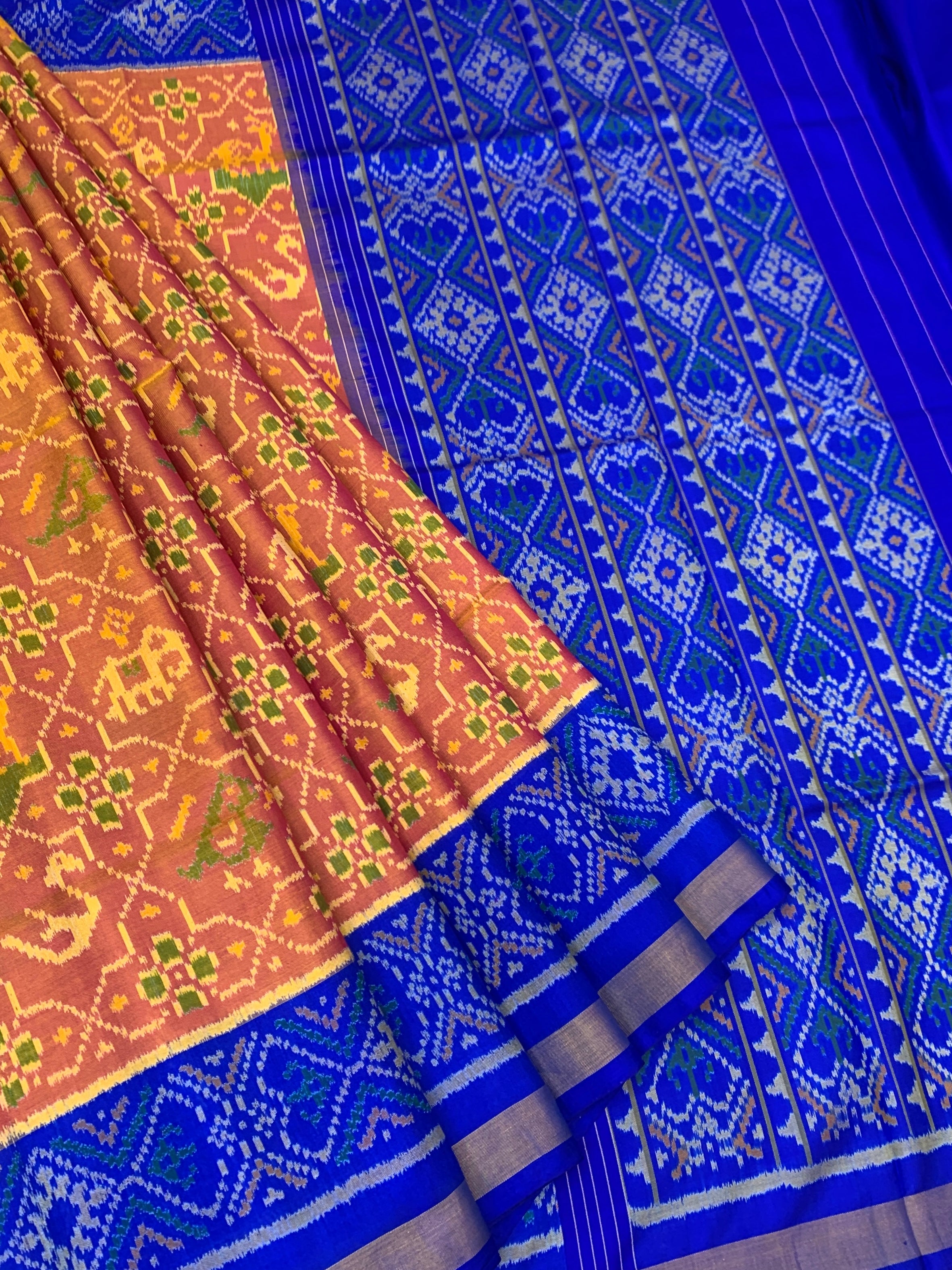 Heritage Peach and Royal Blue Rajkot Patola Silk Saree with Classic Motifs