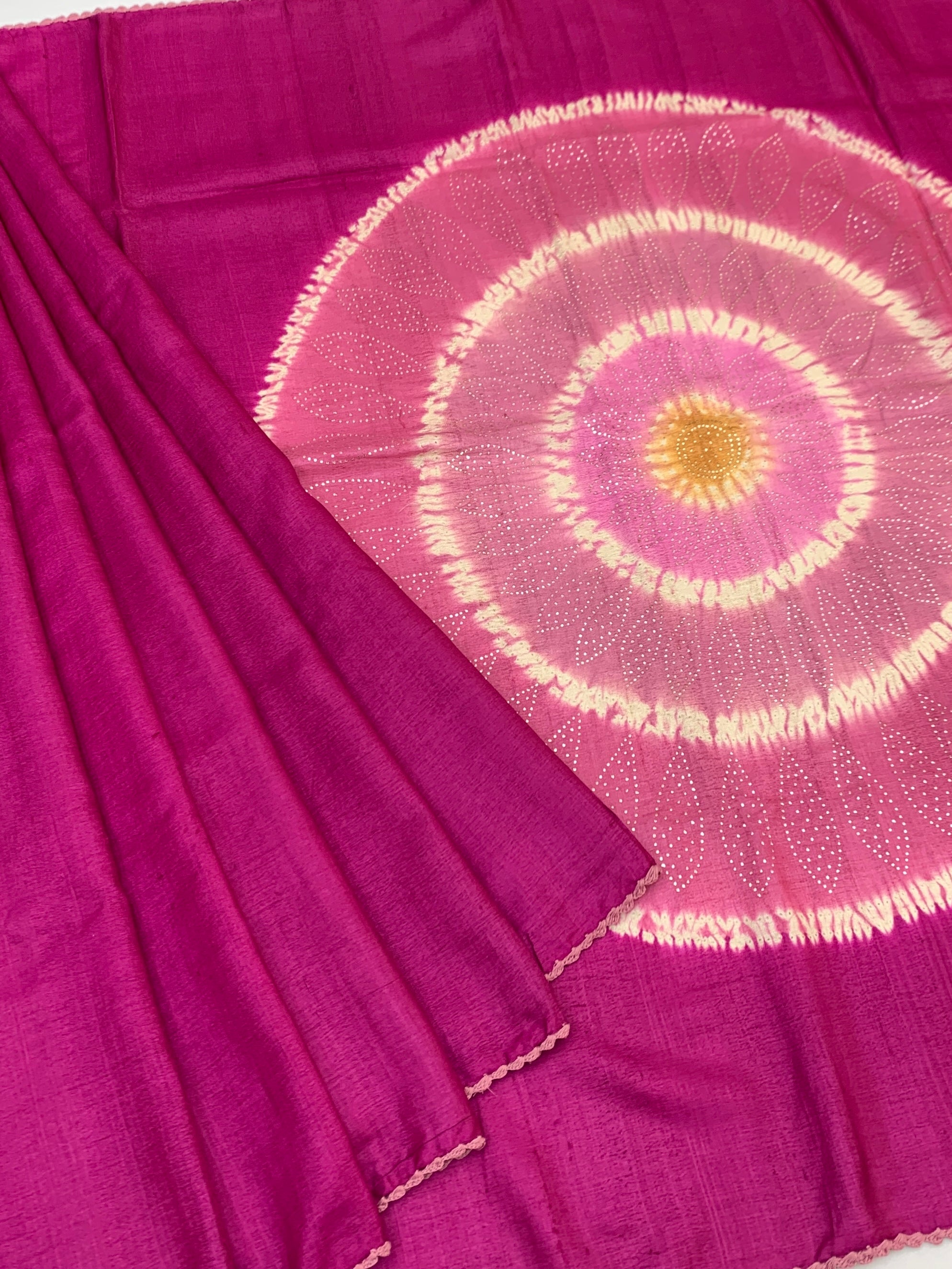 Radiant Fuchsia: Shibori-Inspired Mandala Tussar Silk Saree with Botanical Embroidery