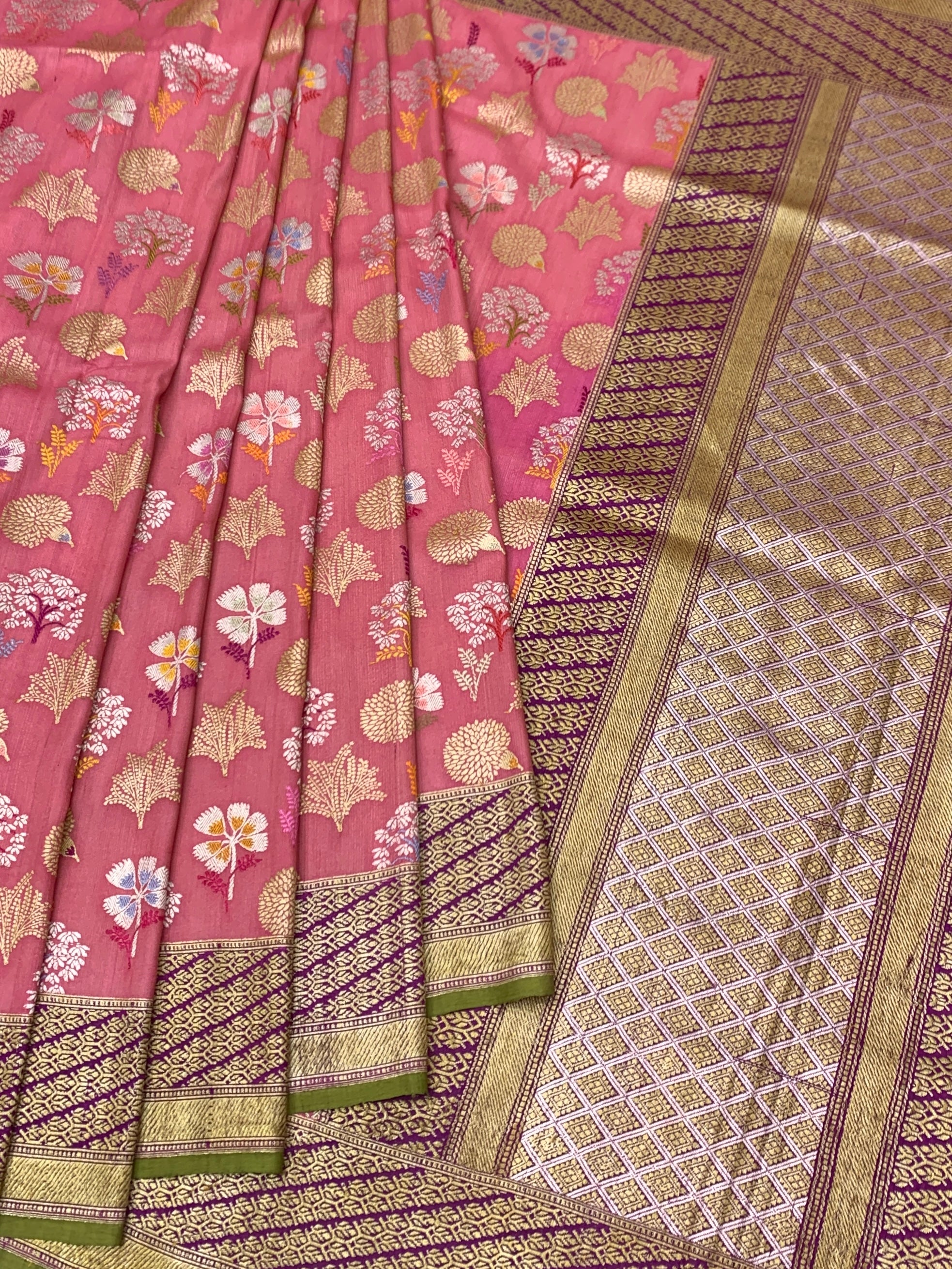 Soft Rose Pink Tussore Georgette Saree with Meenakari Botanicals and Olive Blouse
