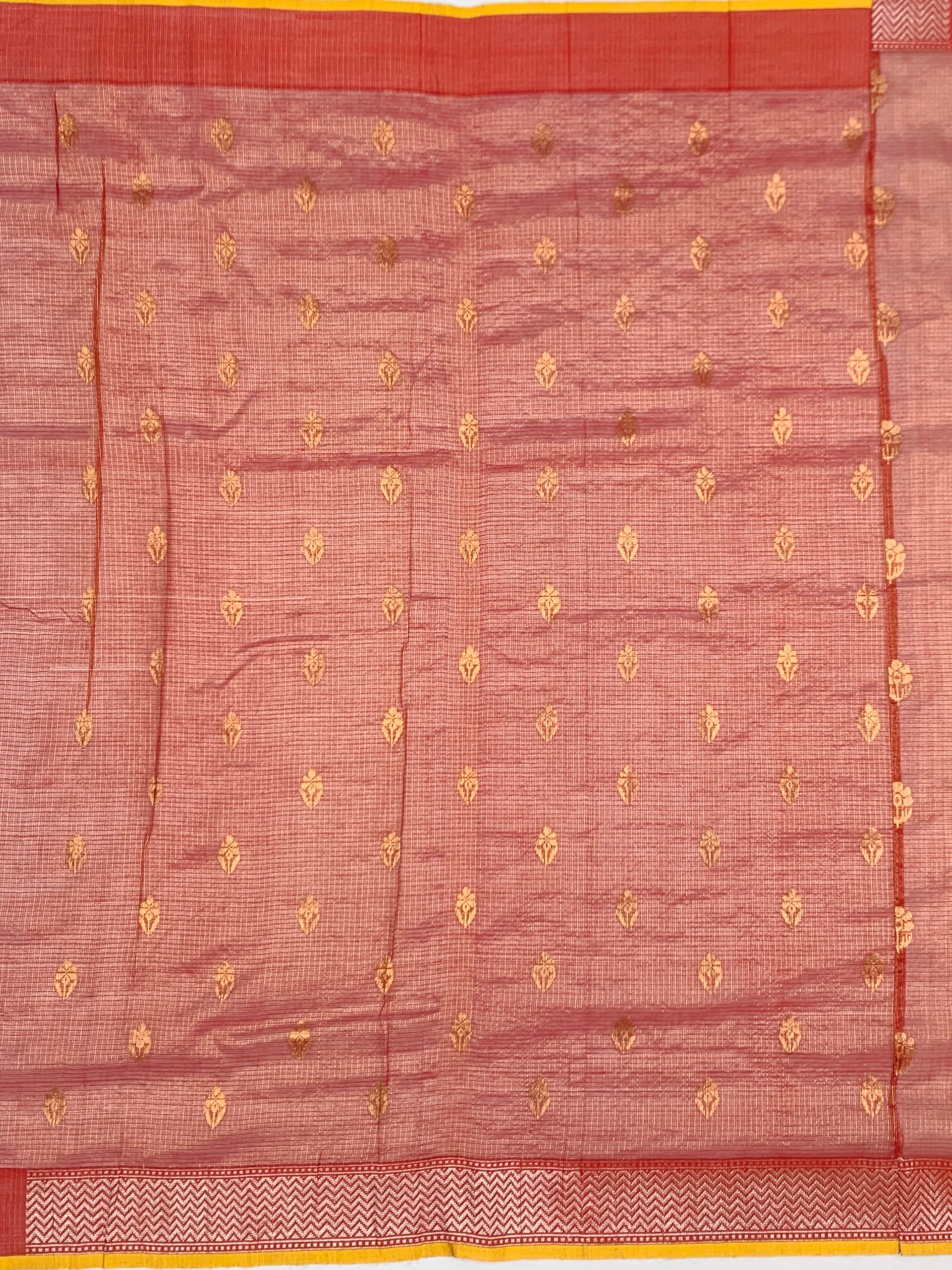 Terracotta Geometric Zari Kota Saree with Woven Bird & Floral Motifs