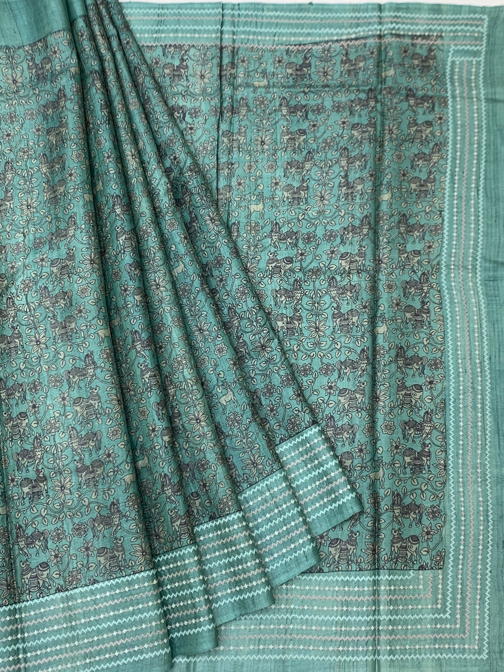Enchanting Teal: Woodland Folk-Art Tussore Printed Saree