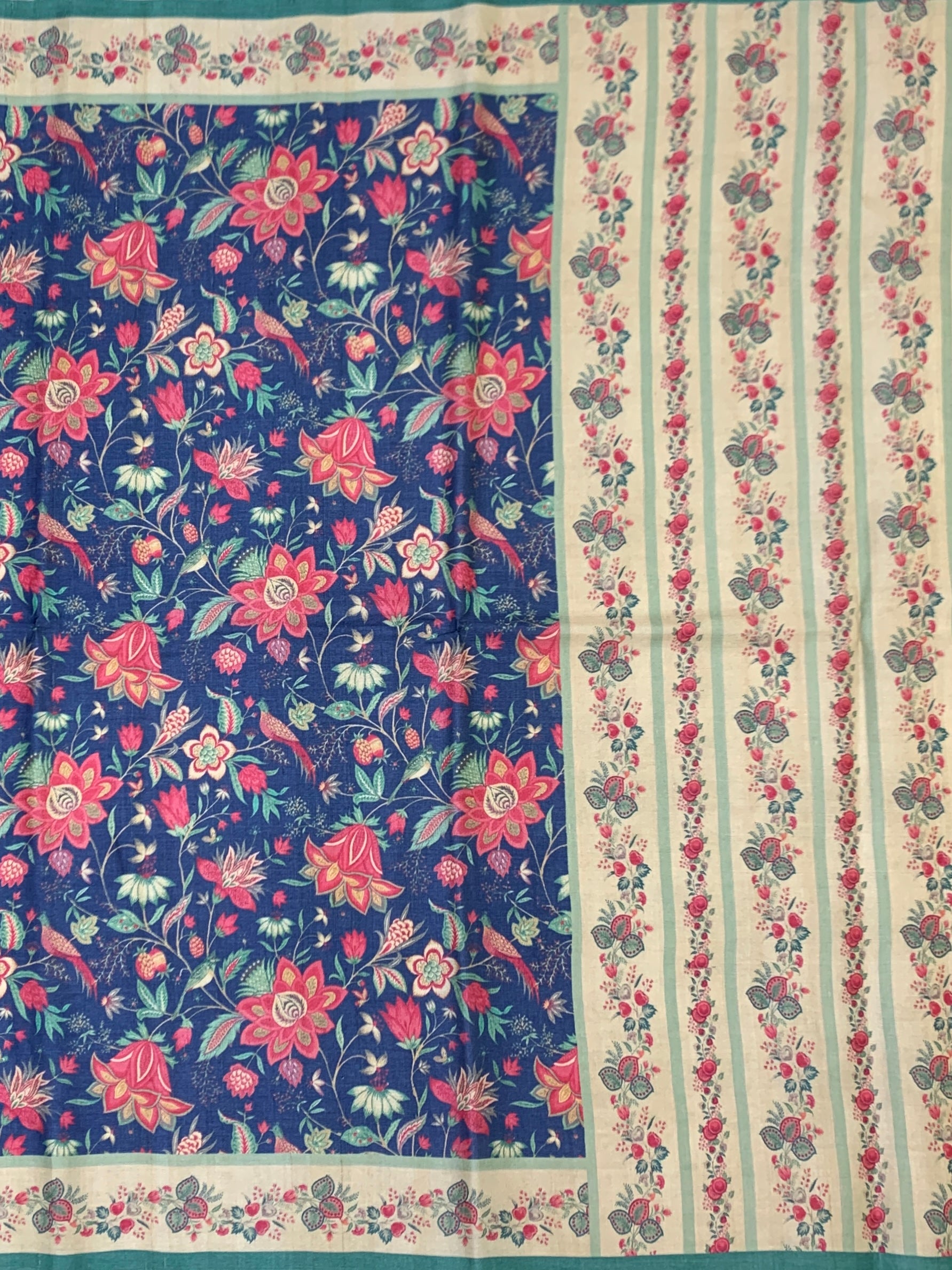 Indigo Blue & Rose Pink Floral Printed Tussar Silk Saree