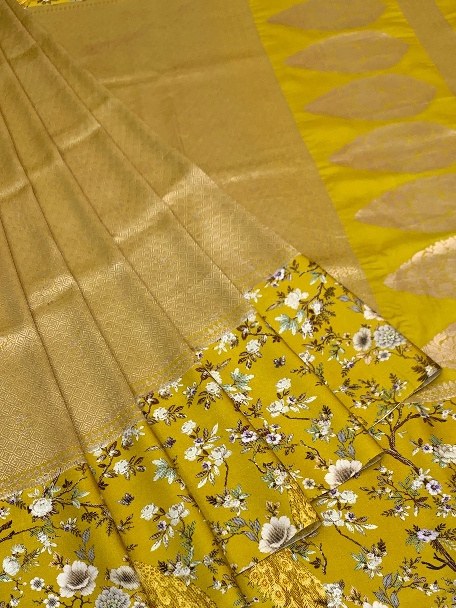 Radiant Chartreuse Gold Brocade Silk Saree with Royal Peacock Borders