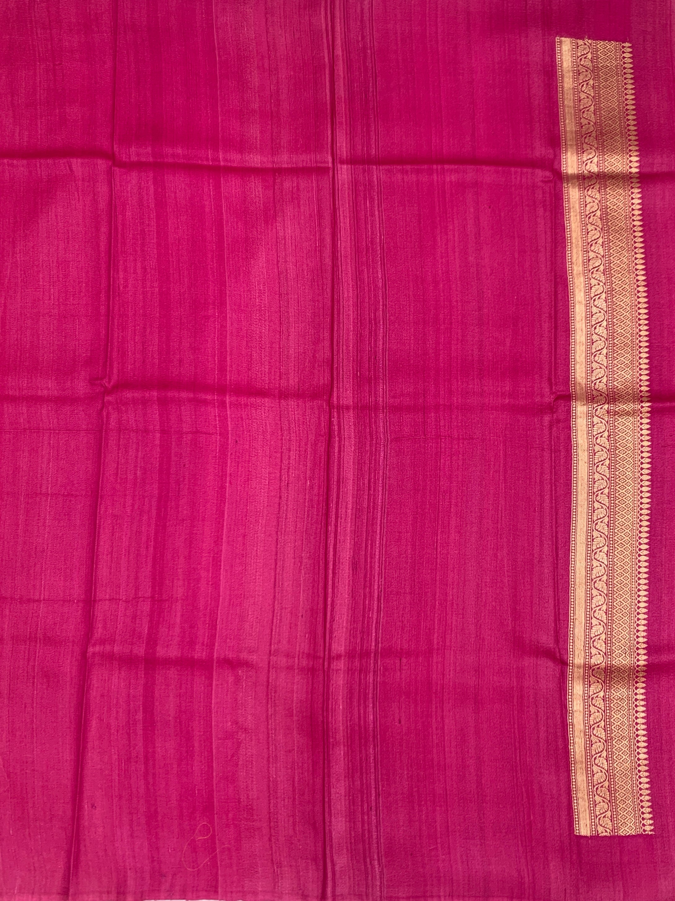 Emerald Green Tussore Georgette Saree with Contrasting Pink Zari Border