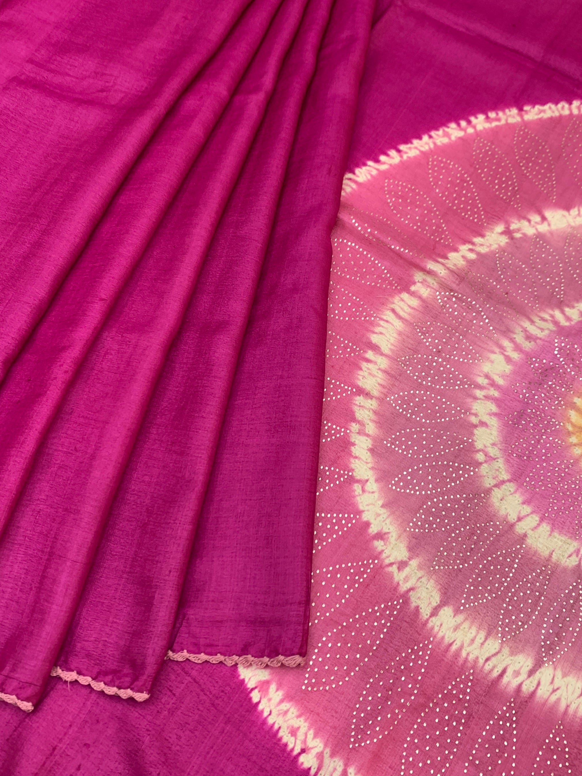 Radiant Fuchsia: Shibori-Inspired Mandala Tussar Silk Saree with Botanical Embroidery
