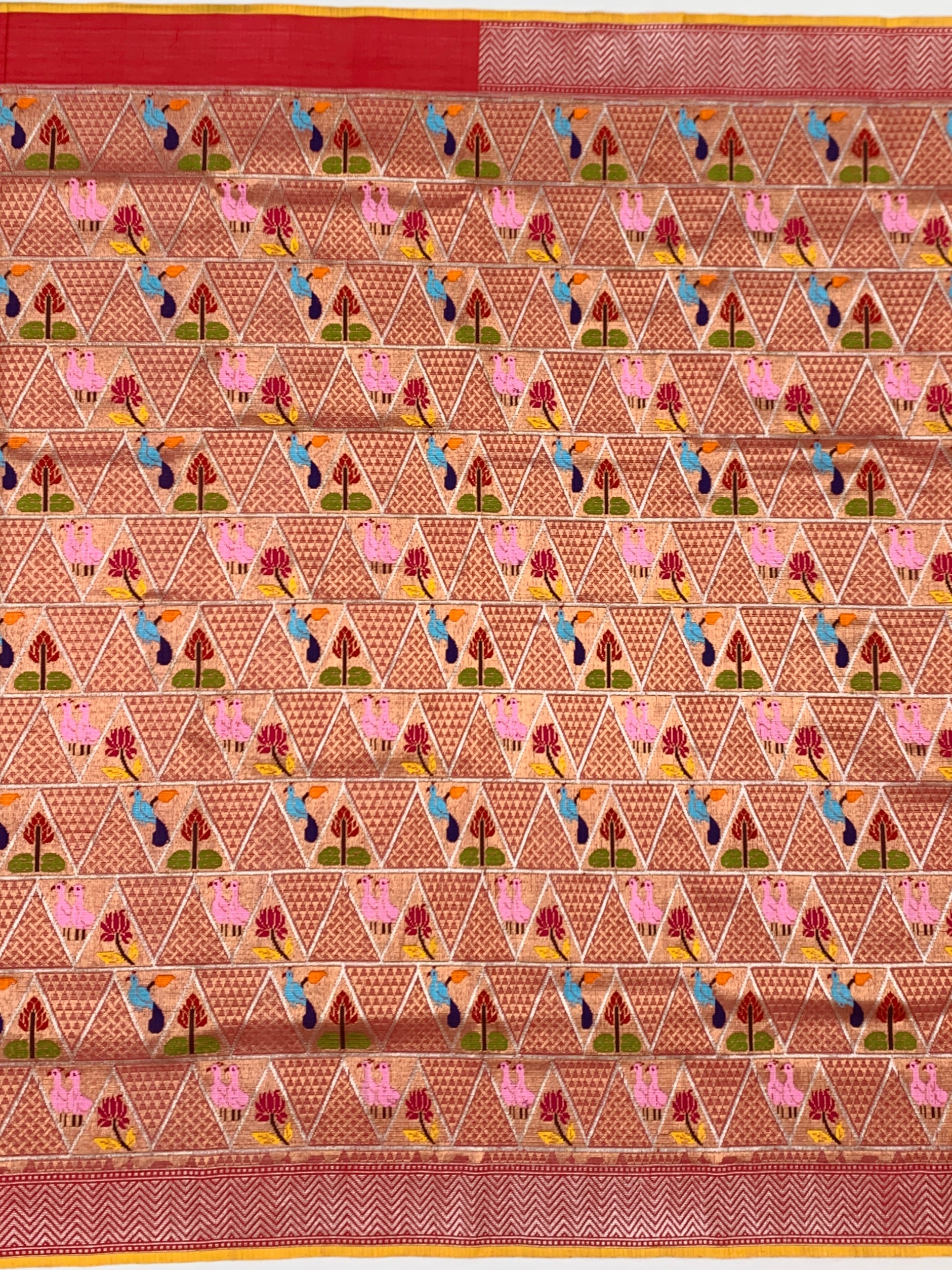 Terracotta Geometric Zari Kota Saree with Woven Bird & Floral Motifs