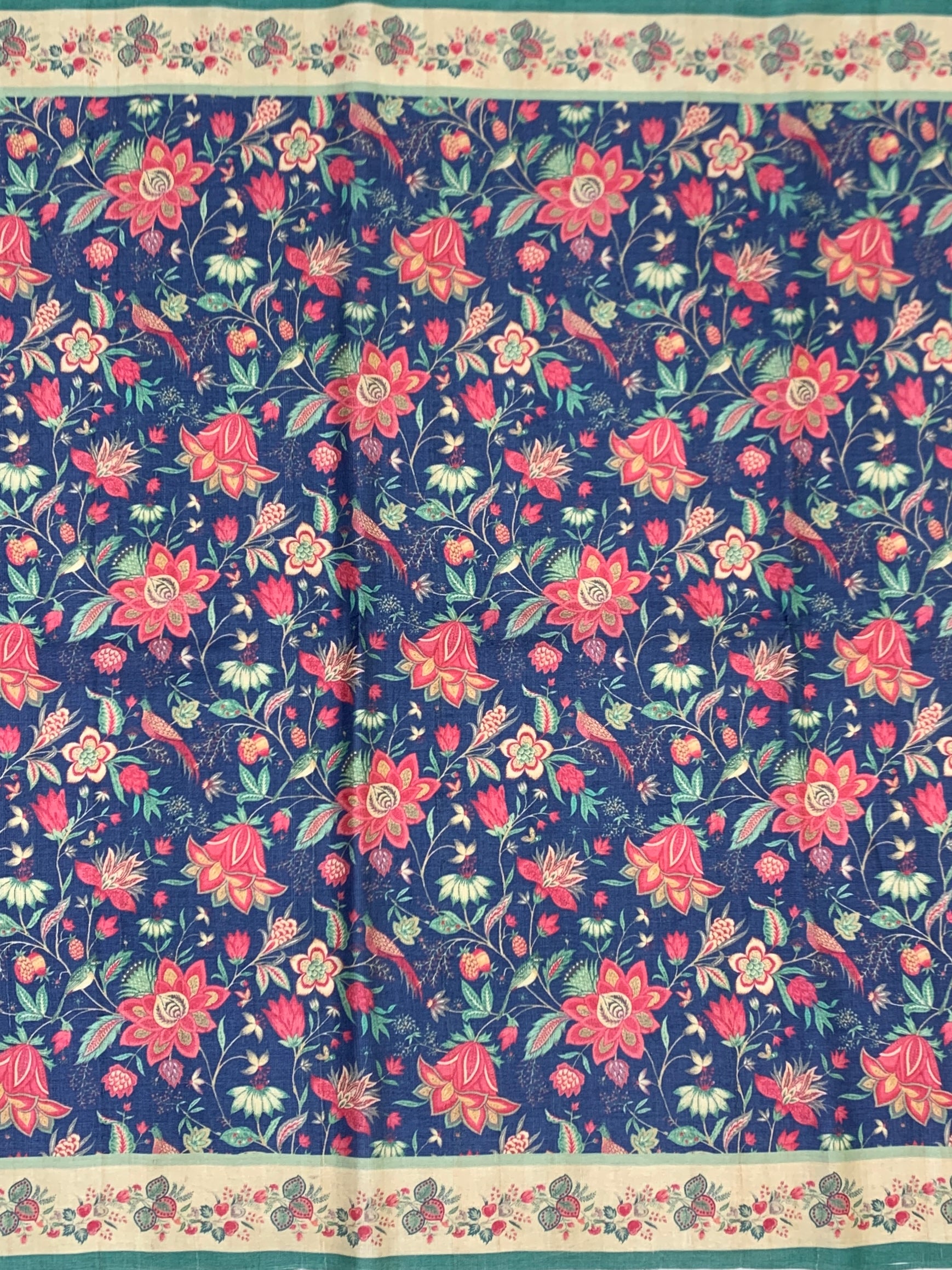 Indigo Blue & Rose Pink Floral Printed Tussar Silk Saree
