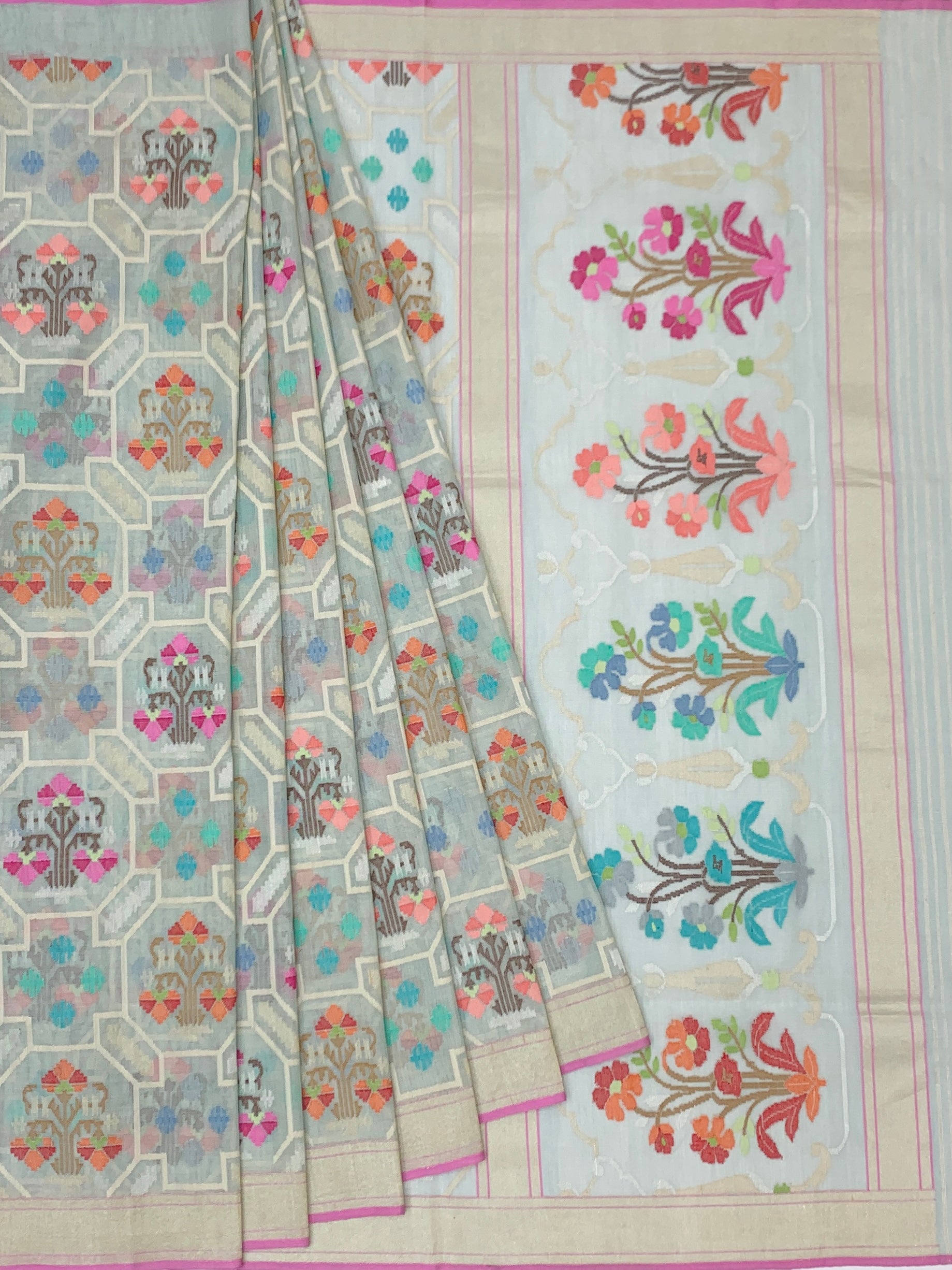Silver-Grey Cotton Jamdani Saree with Architectural Geometric Grid and Mughal Florals