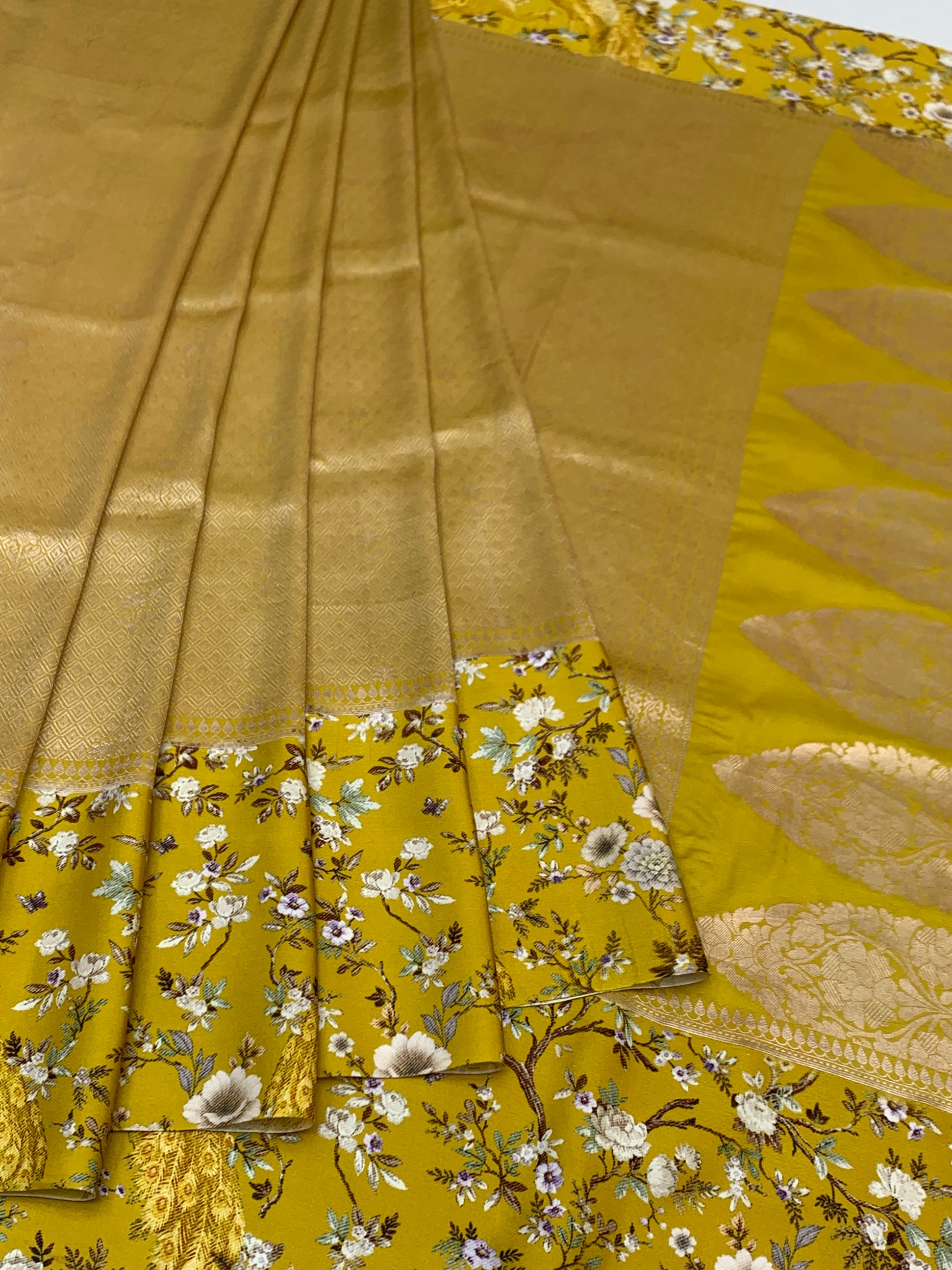 Radiant Chartreuse Gold Brocade Silk Saree with Royal Peacock Borders