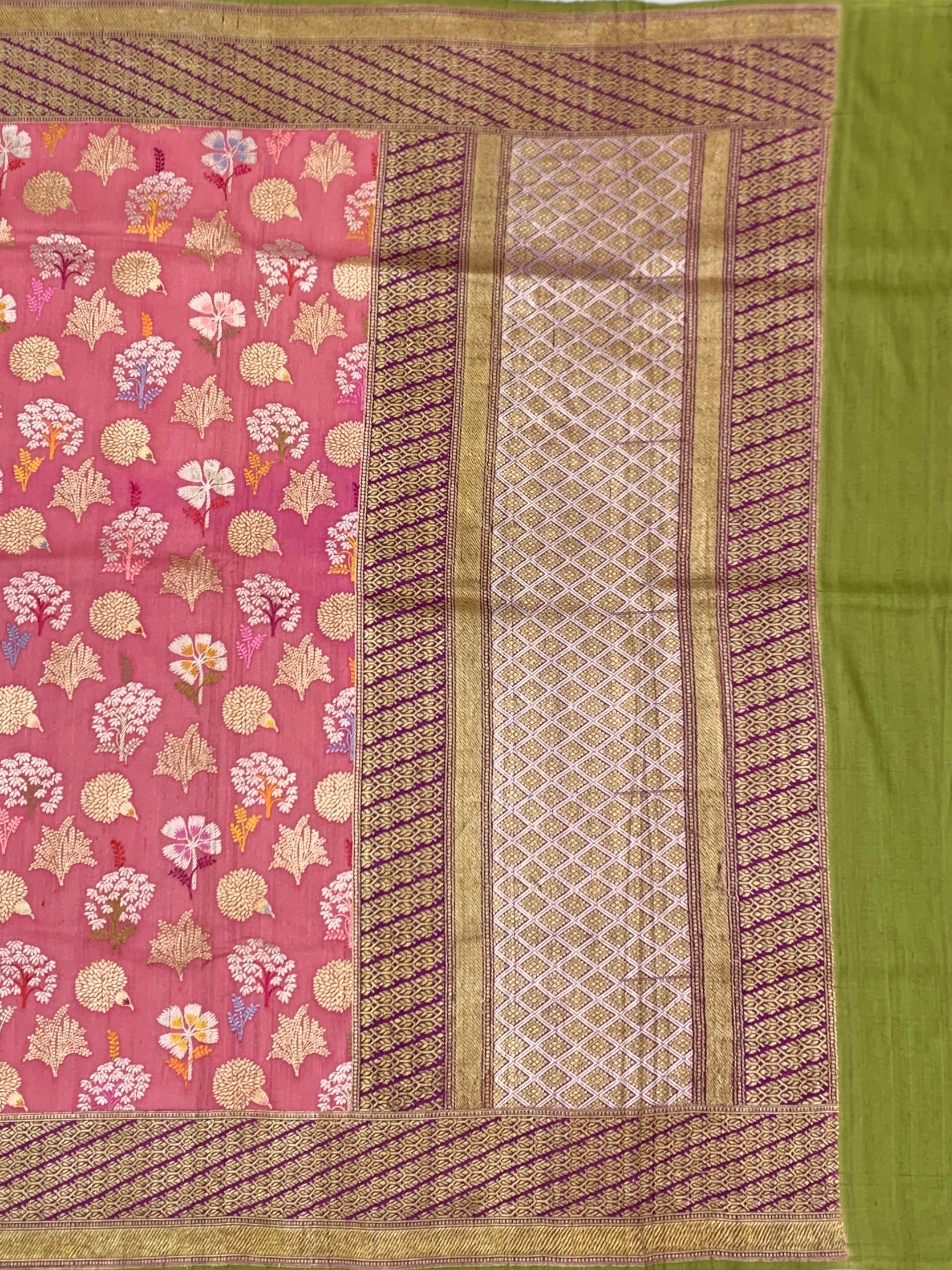 Soft Rose Pink Tussore Georgette Saree with Meenakari Botanicals and Olive Blouse