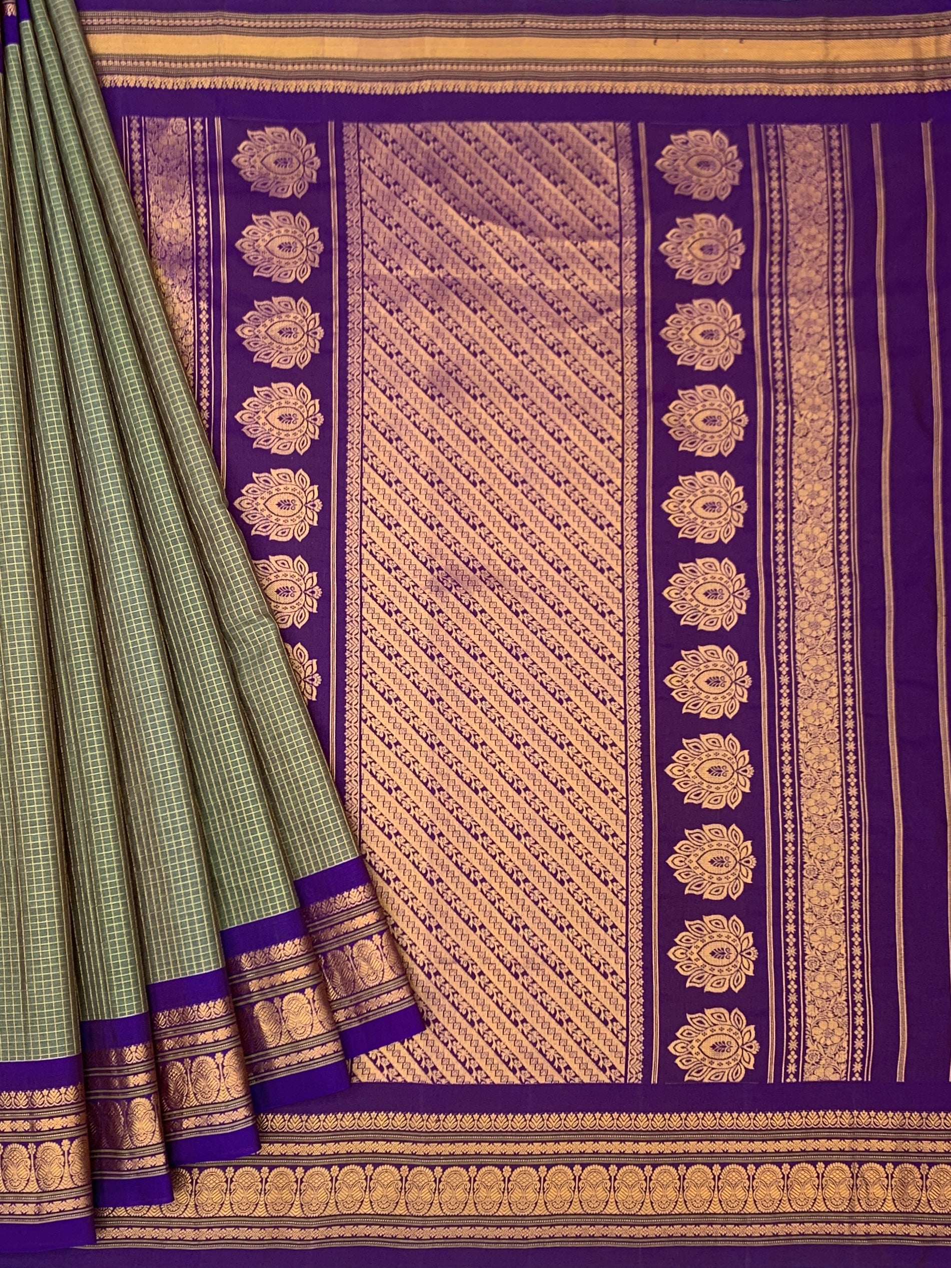 Elegant Sage Green & Purple Gadwal Cotton Saree