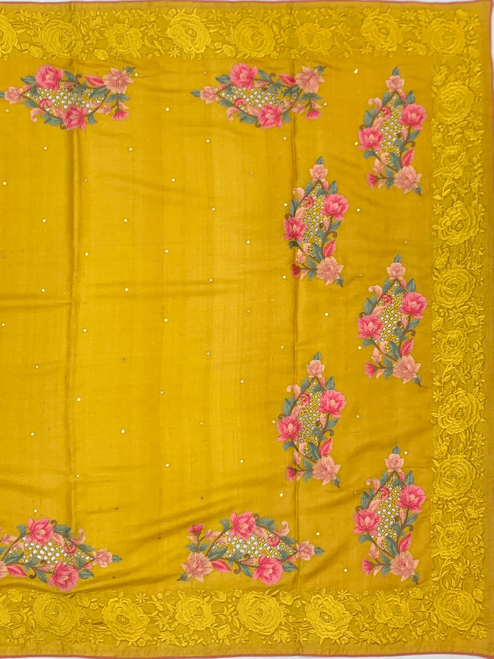 Mustard Yellow Tussore Silk Saree with Floral Cutwork Motifs & Tone-on-Tone Embroidered Border