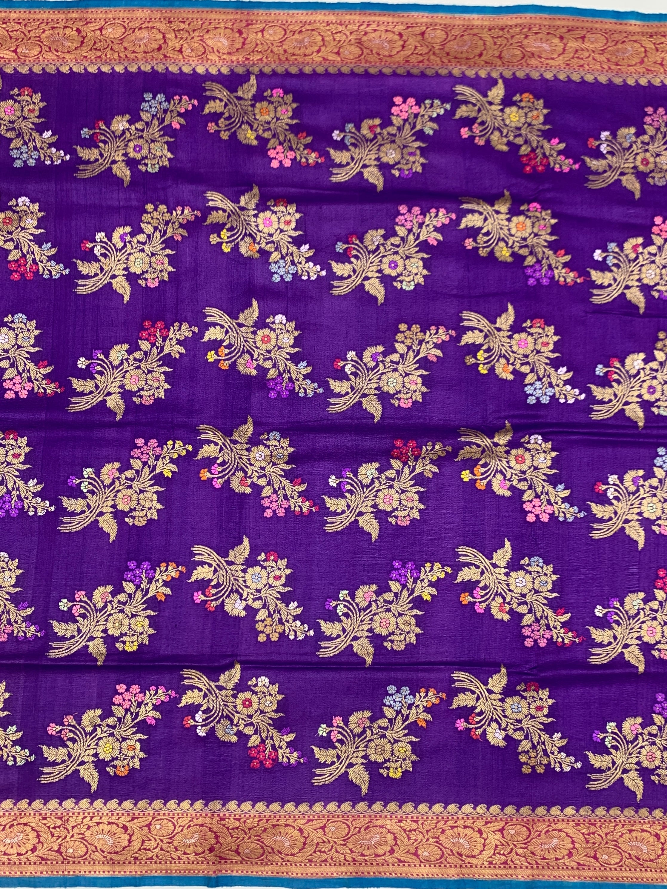 Royal Purple Tussore Georgette Saree with Meenakari Floral Jaal & Contrast Peacock Blue Blouse