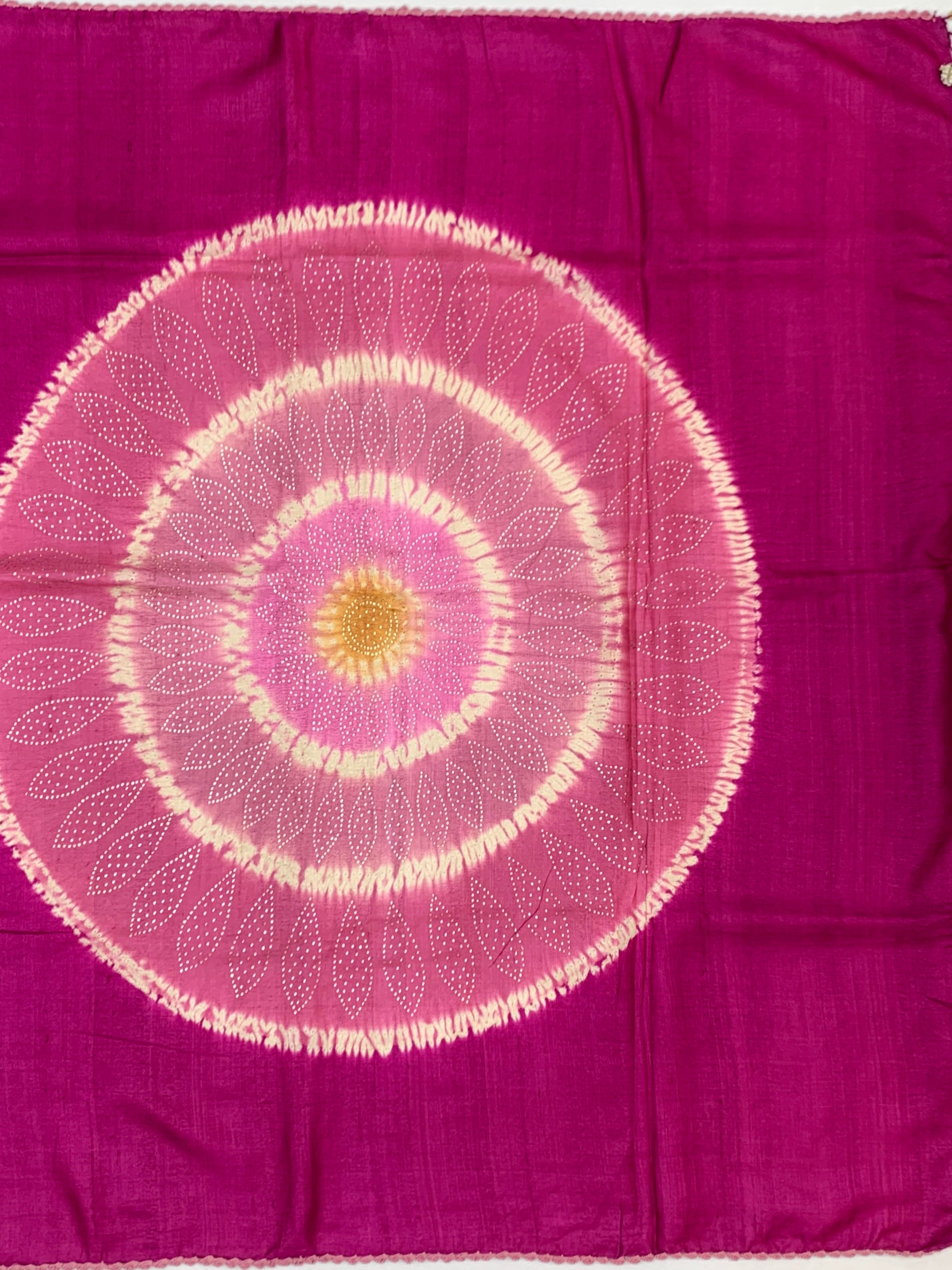 Radiant Fuchsia: Shibori-Inspired Mandala Tussar Silk Saree with Botanical Embroidery