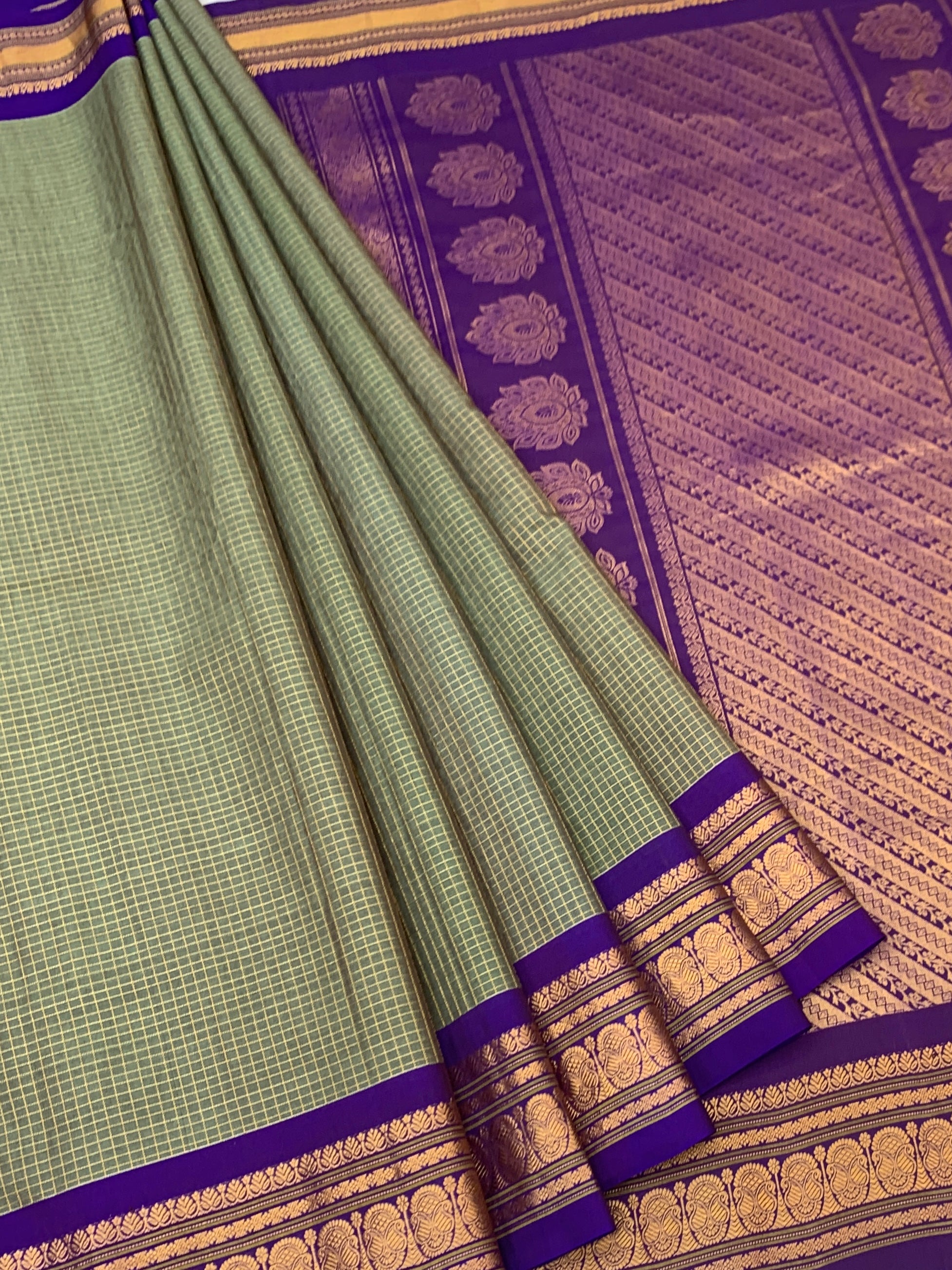 Elegant Sage Green & Purple Gadwal Cotton Saree
