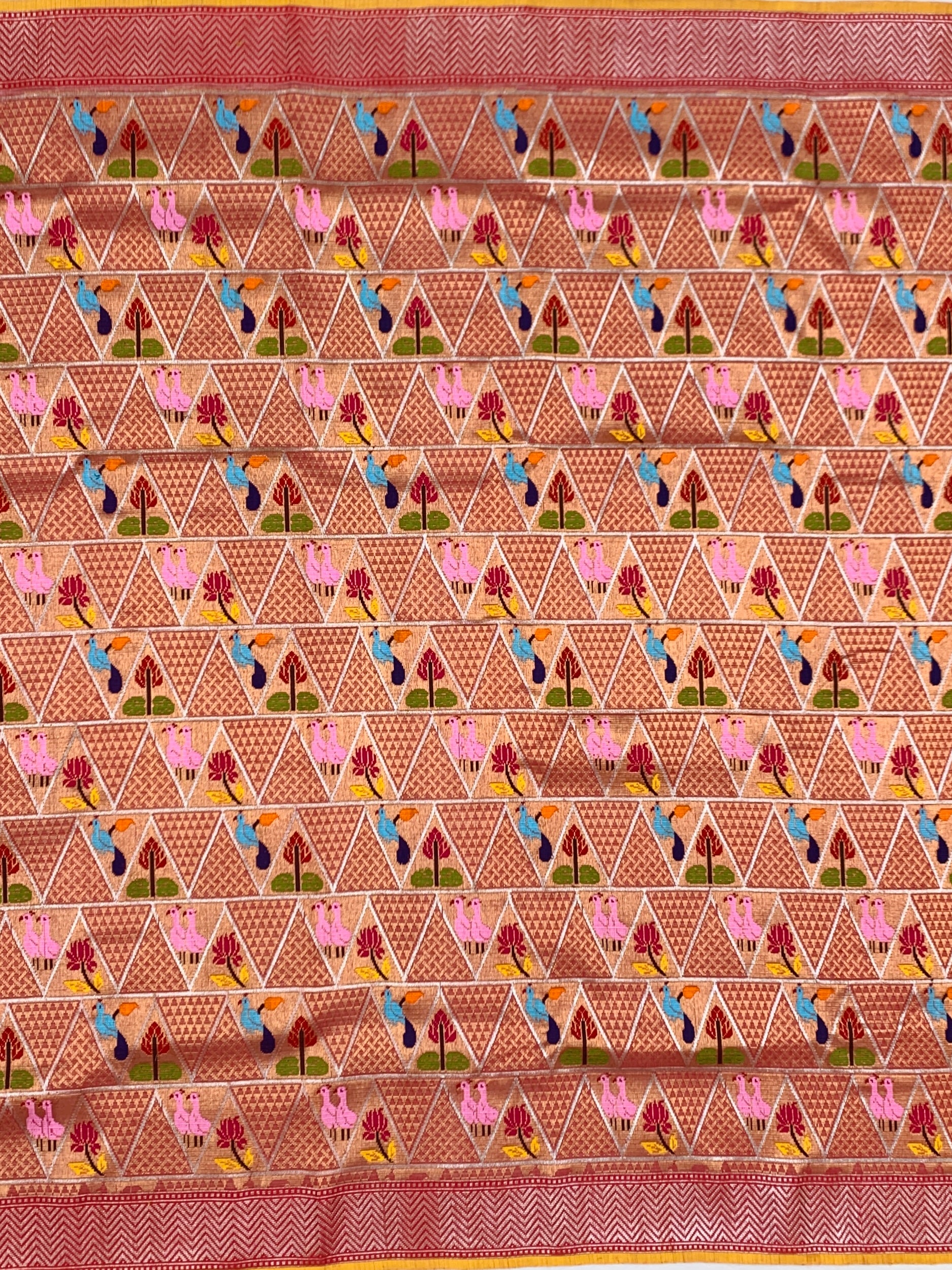 Terracotta Geometric Zari Kota Saree with Woven Bird & Floral Motifs