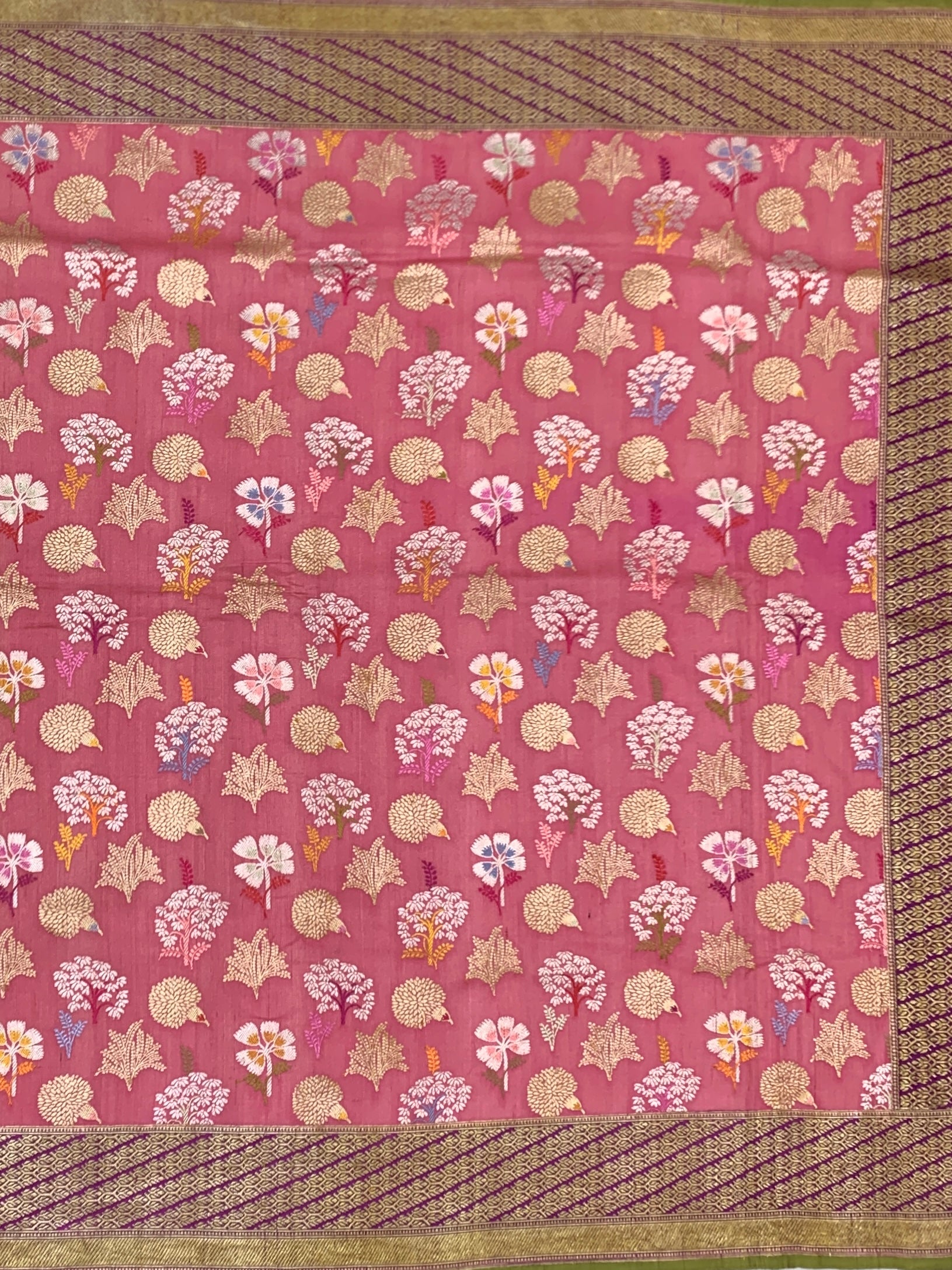 Soft Rose Pink Tussore Georgette Saree with Meenakari Botanicals and Olive Blouse