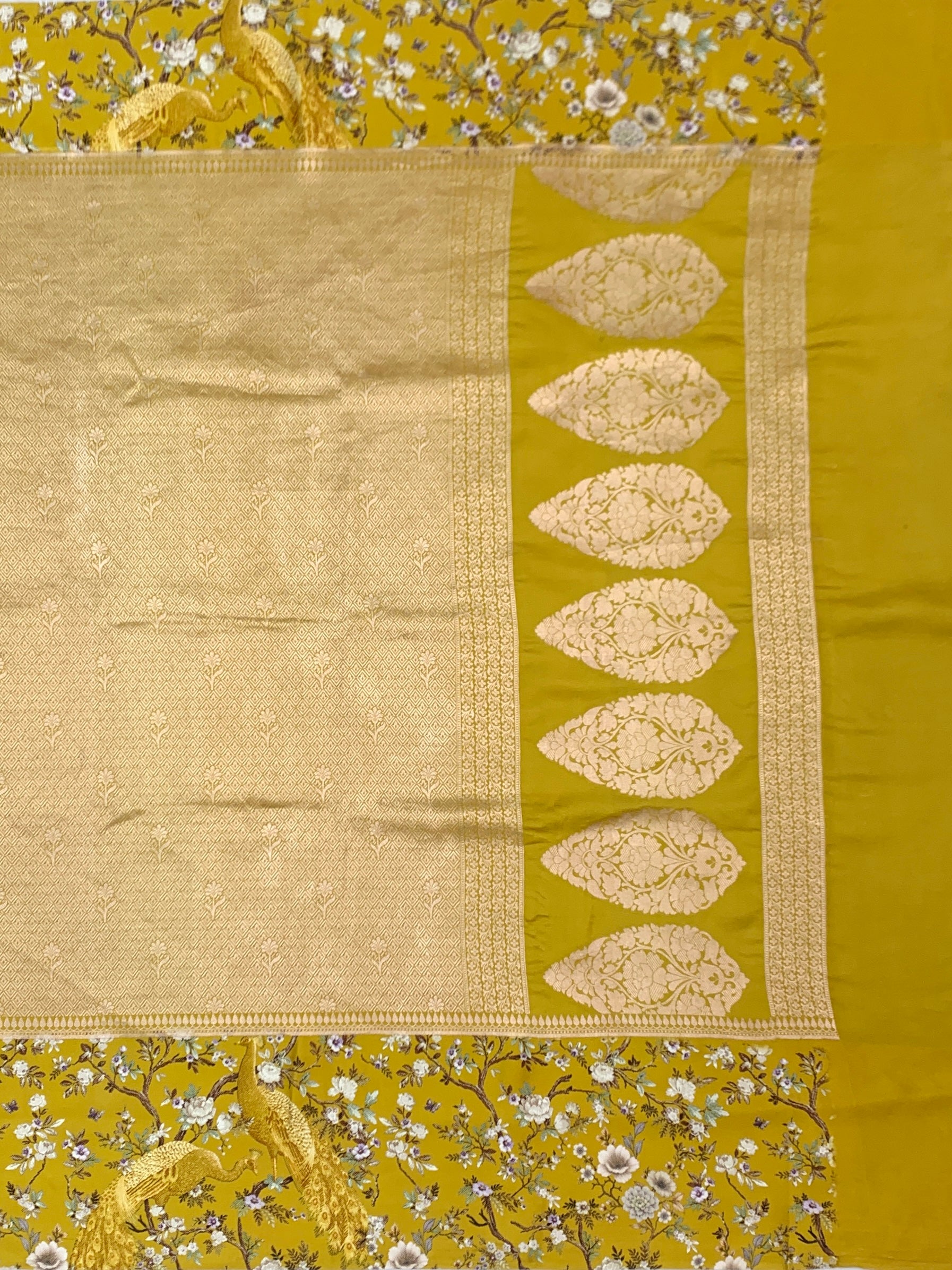 Radiant Chartreuse Gold Brocade Silk Saree with Royal Peacock Borders