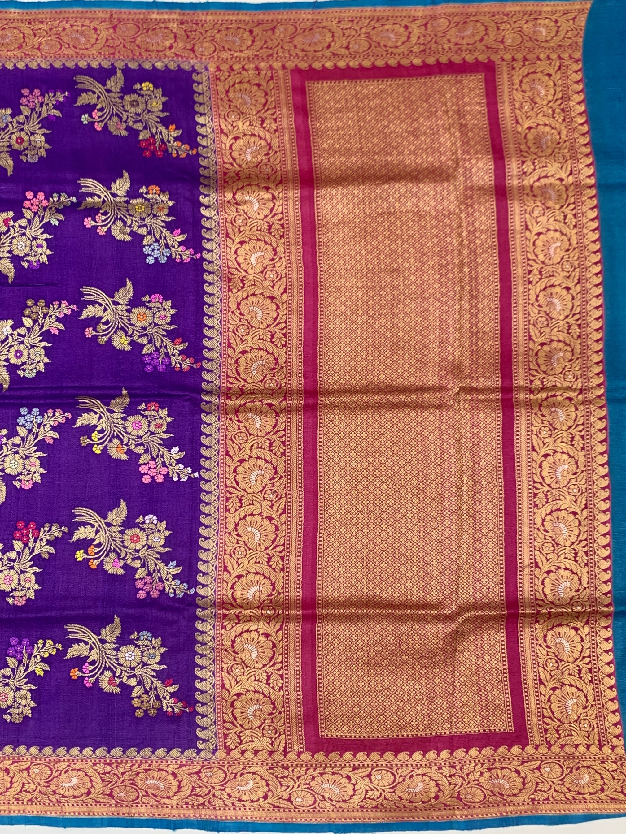 Royal Purple Tussore Georgette Saree with Meenakari Floral Jaal & Contrast Peacock Blue Blouse
