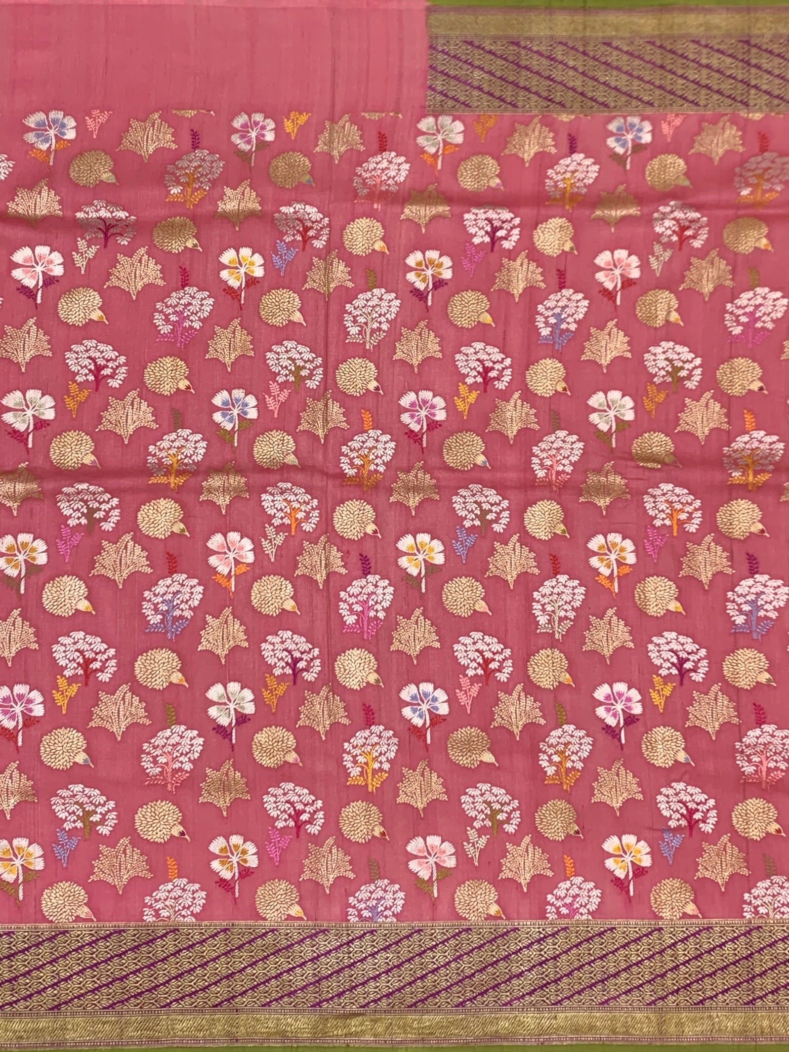Soft Rose Pink Tussore Georgette Saree with Meenakari Botanicals and Olive Blouse
