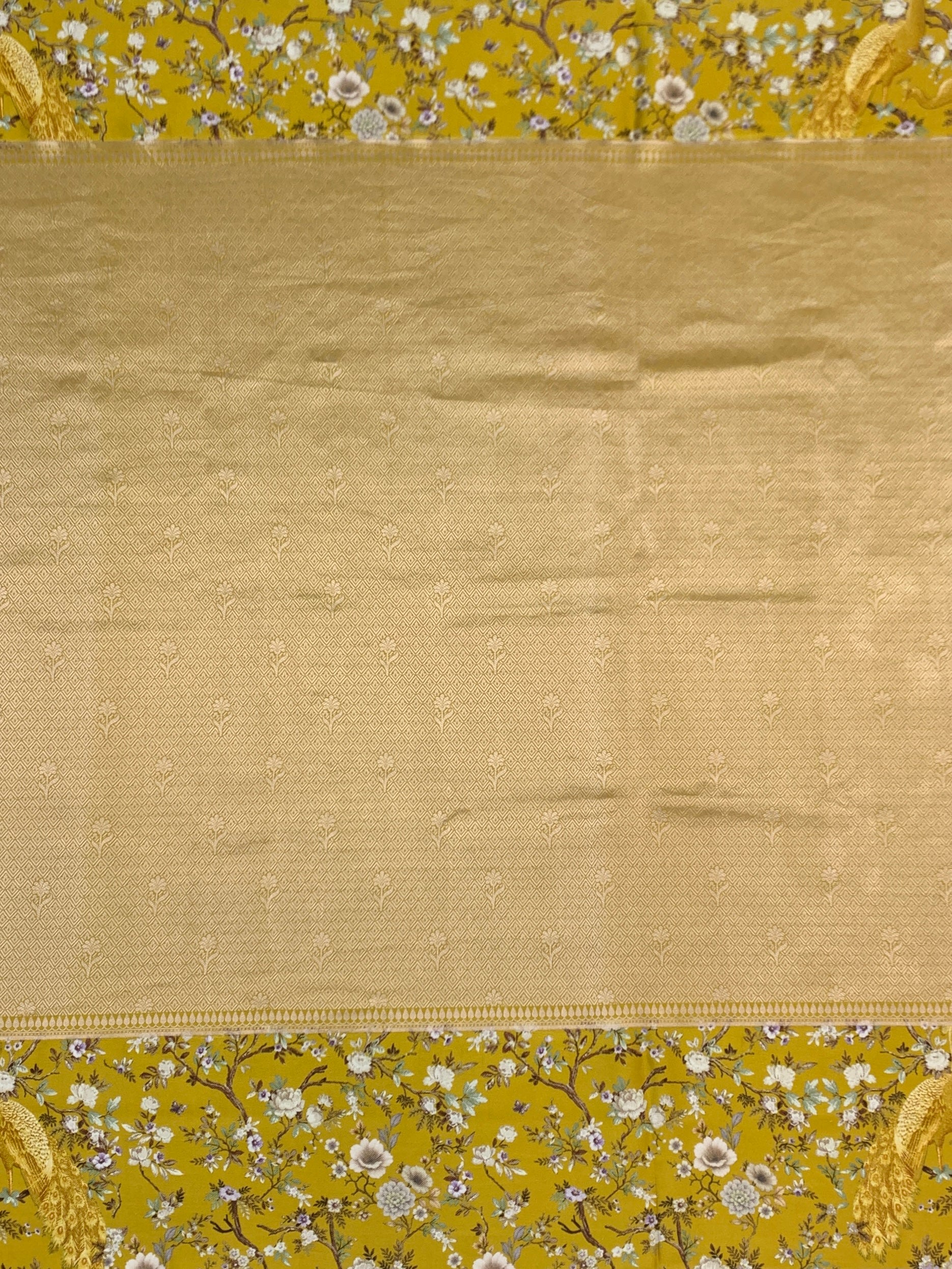 Radiant Chartreuse Gold Brocade Silk Saree with Royal Peacock Borders