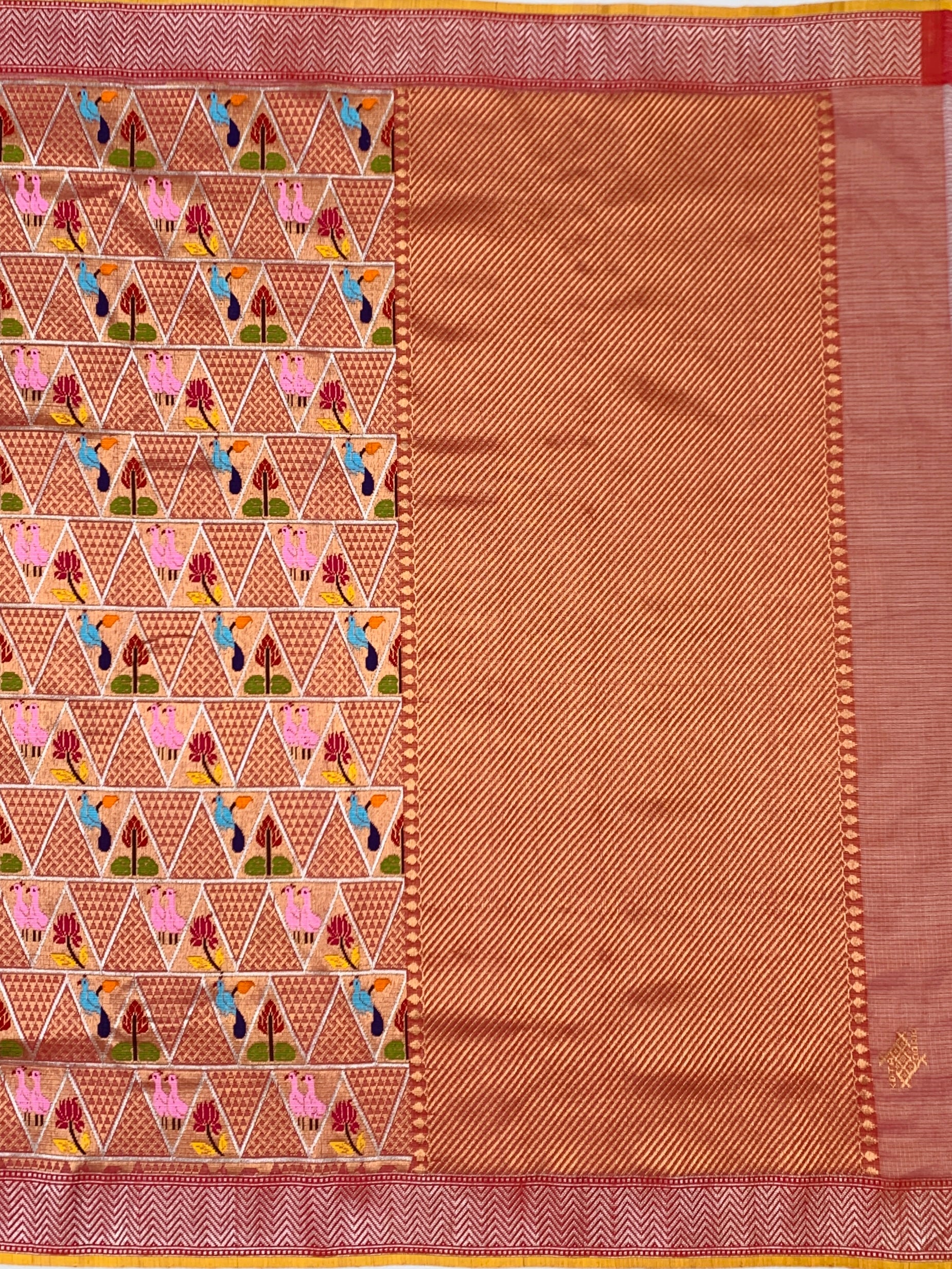 Terracotta Geometric Zari Kota Saree with Woven Bird & Floral Motifs