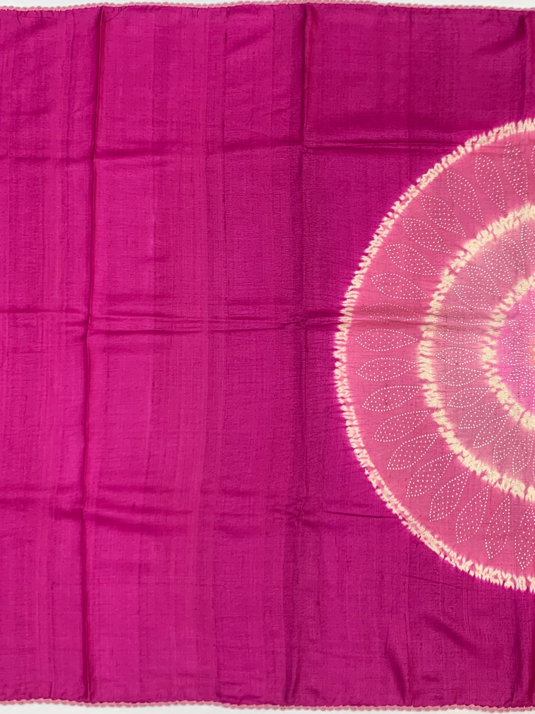 Radiant Fuchsia: Shibori-Inspired Mandala Tussar Silk Saree with Botanical Embroidery