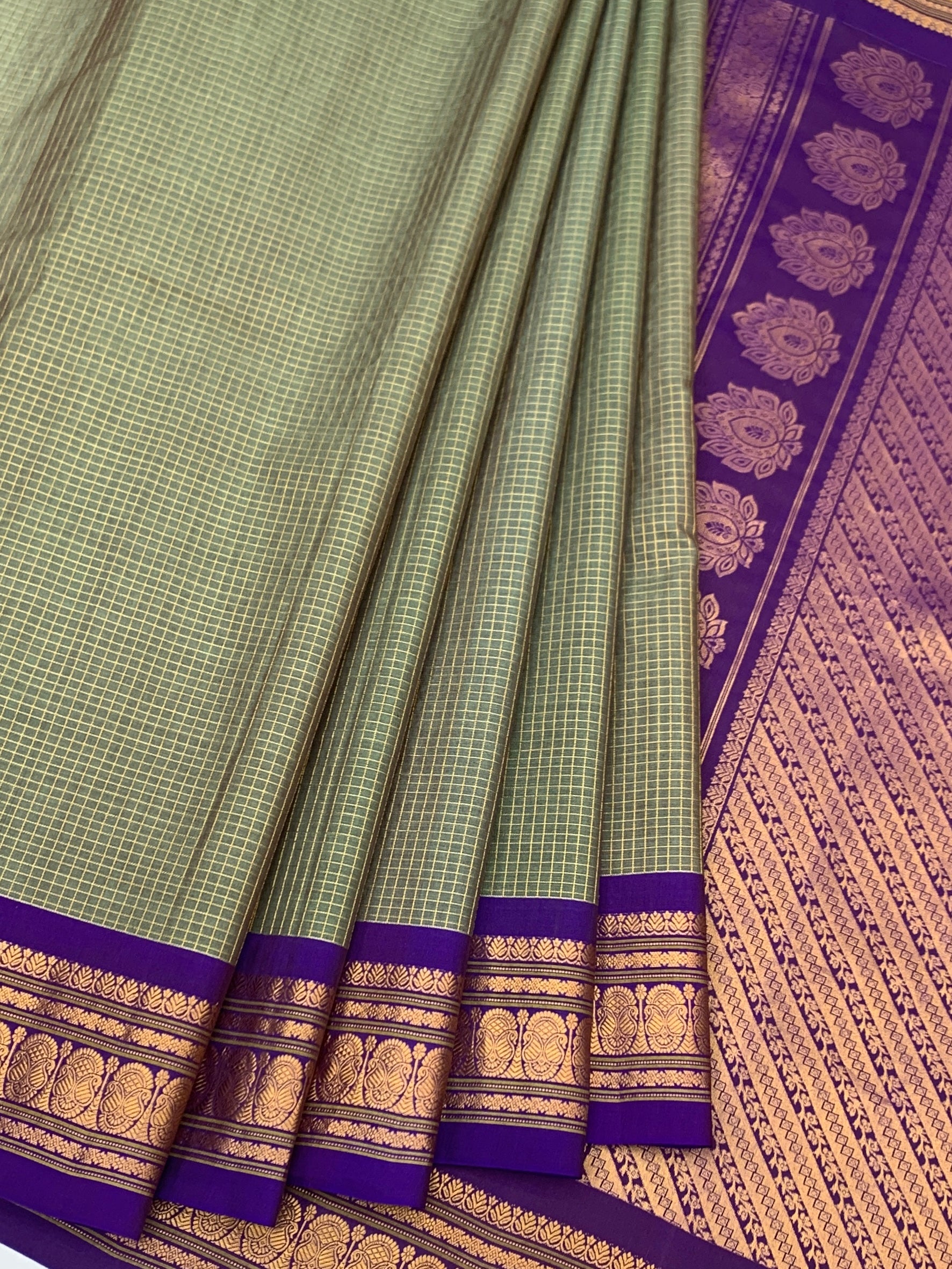 Elegant Sage Green & Purple Gadwal Cotton Saree