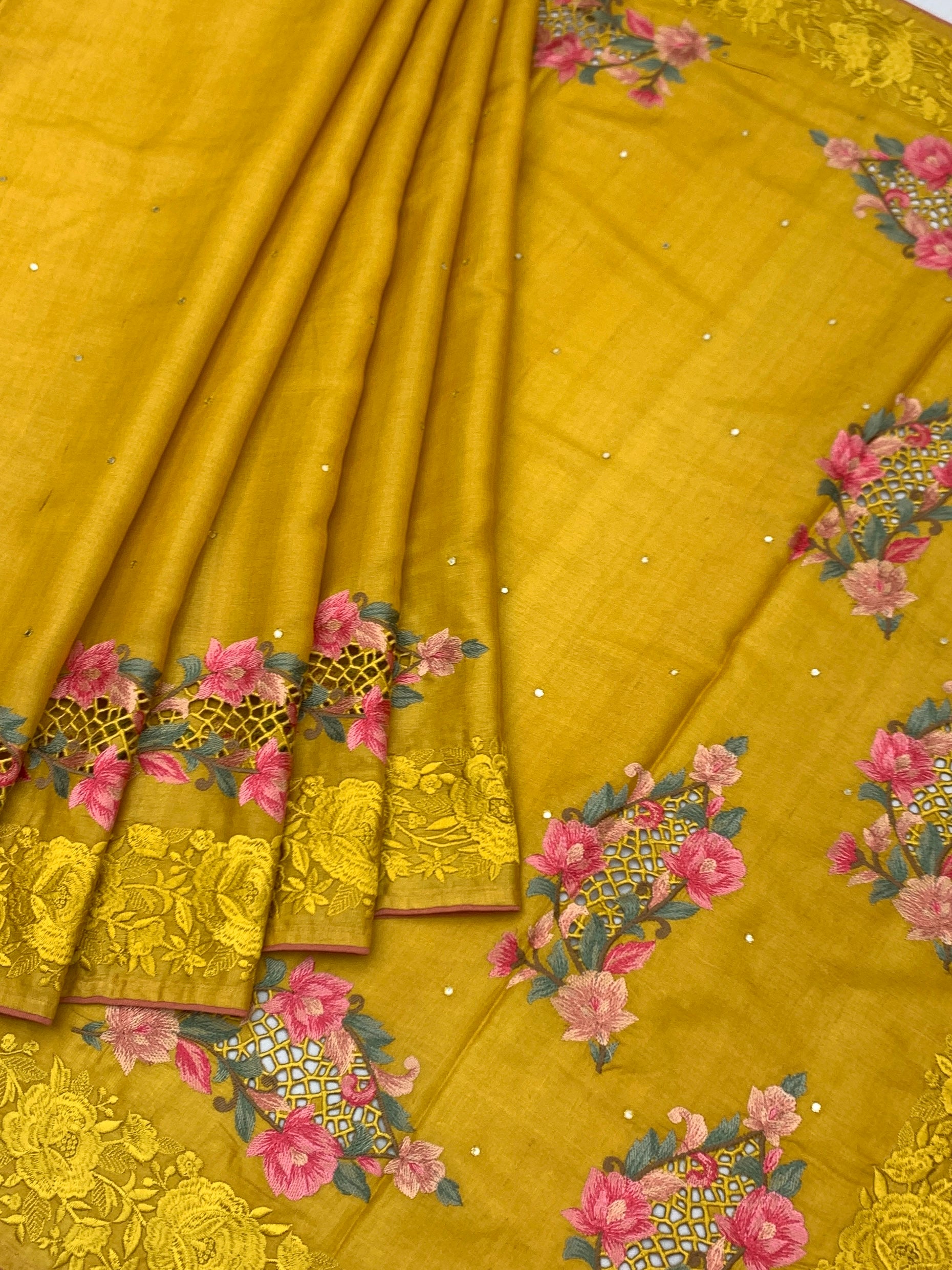 Mustard Yellow Tussore Silk Saree with Floral Cutwork Motifs & Tone-on-Tone Embroidered Border