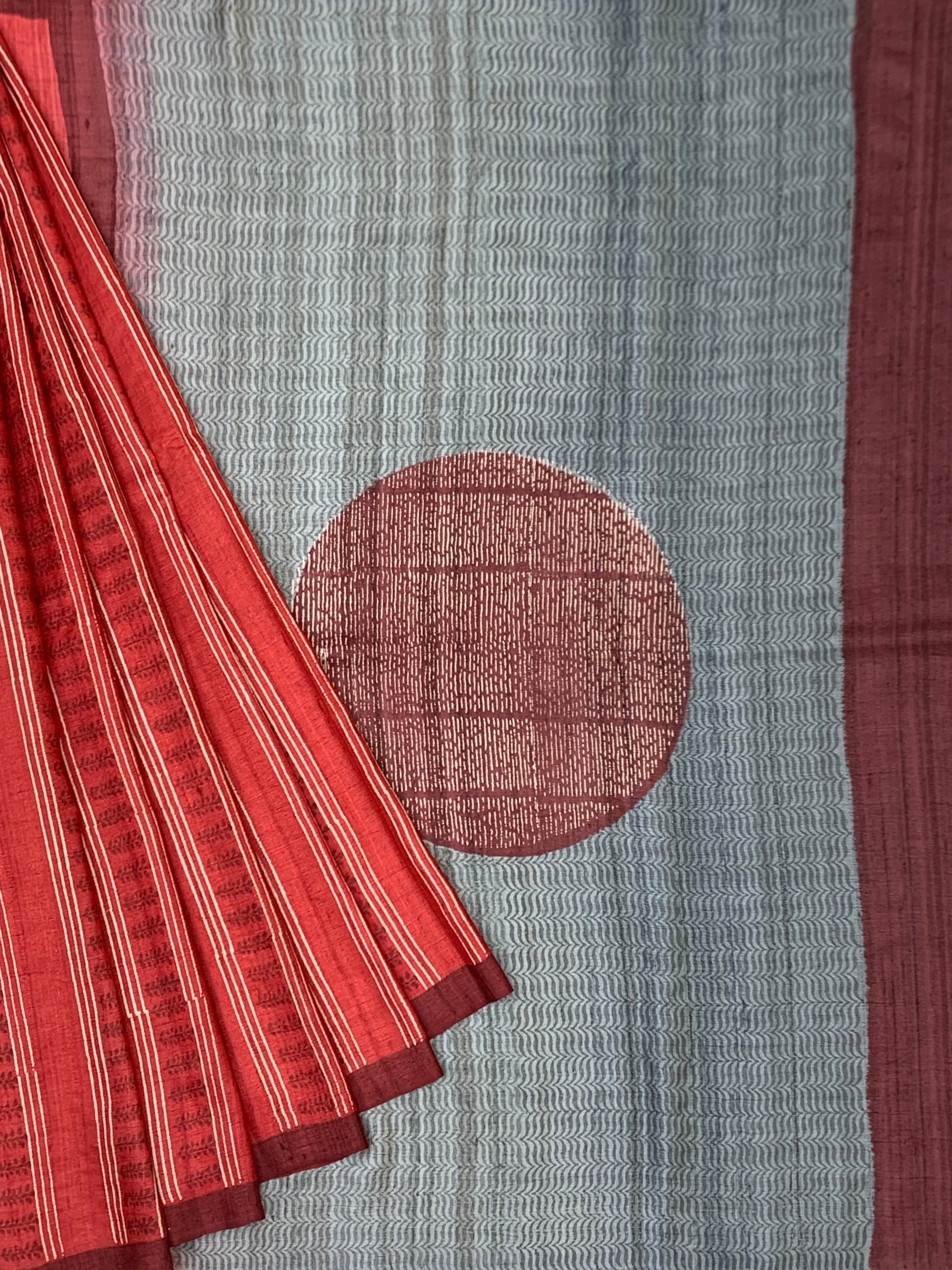Crimson Red & Powder Blue Printed Tussore Saree