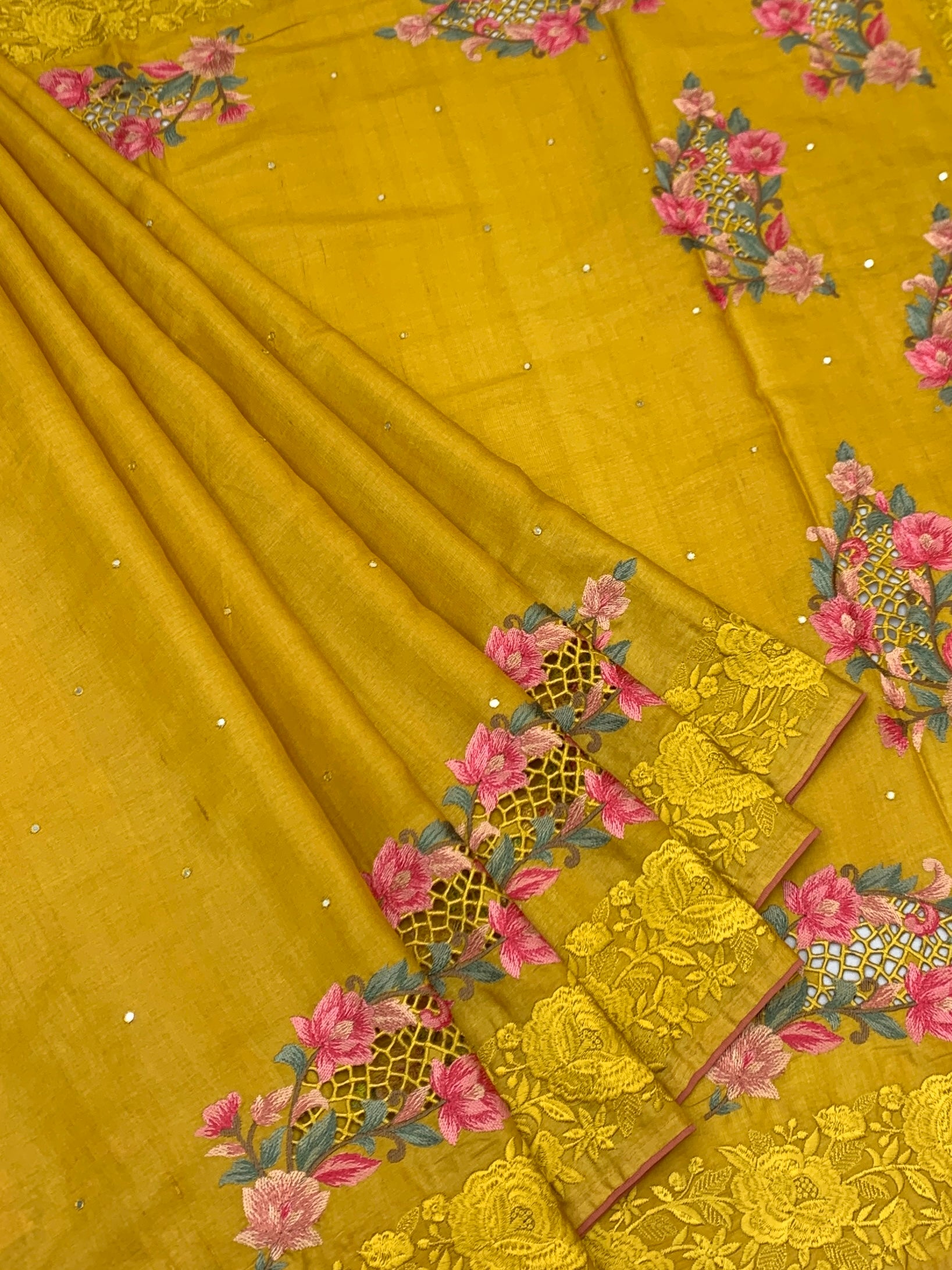 Mustard Yellow Tussore Silk Saree with Floral Cutwork Motifs & Tone-on-Tone Embroidered Border