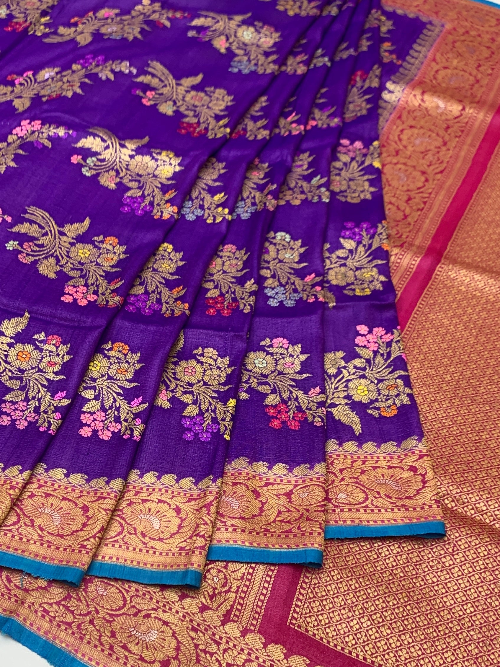 Royal Purple Tussore Georgette Saree with Meenakari Floral Jaal & Contrast Peacock Blue Blouse