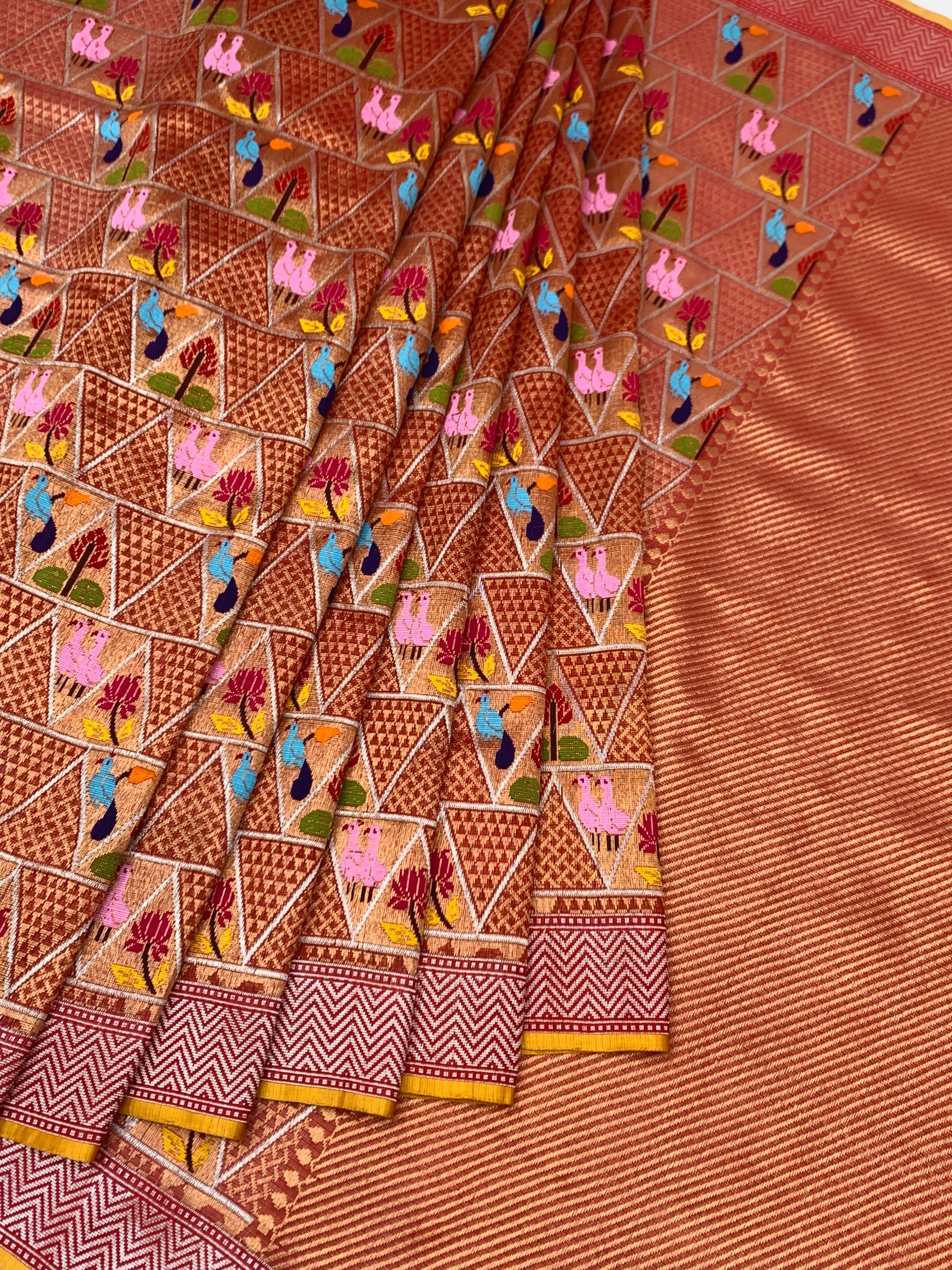 Terracotta Geometric Zari Kota Saree with Woven Bird & Floral Motifs
