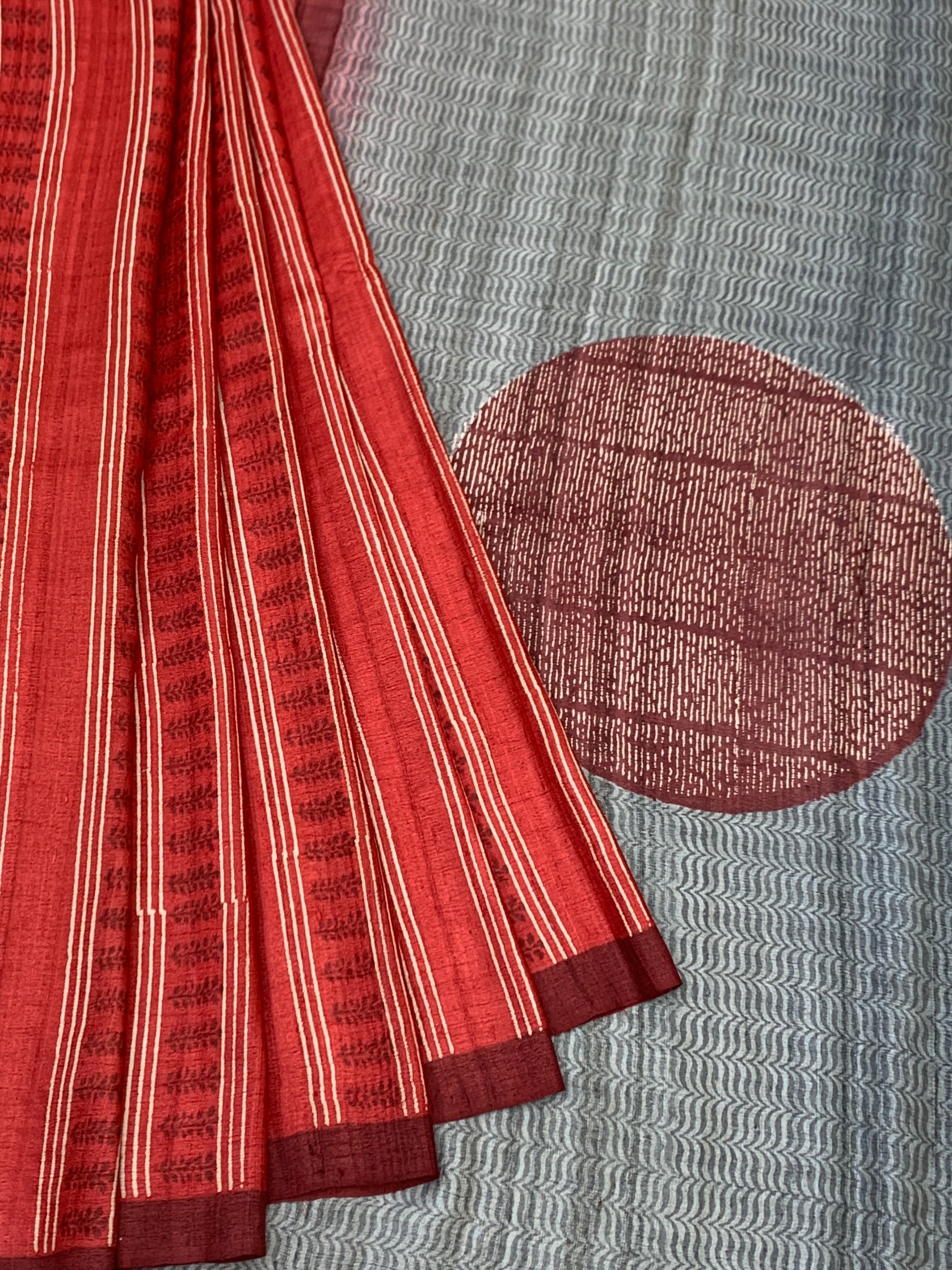 Crimson Red & Powder Blue Printed Tussore Saree