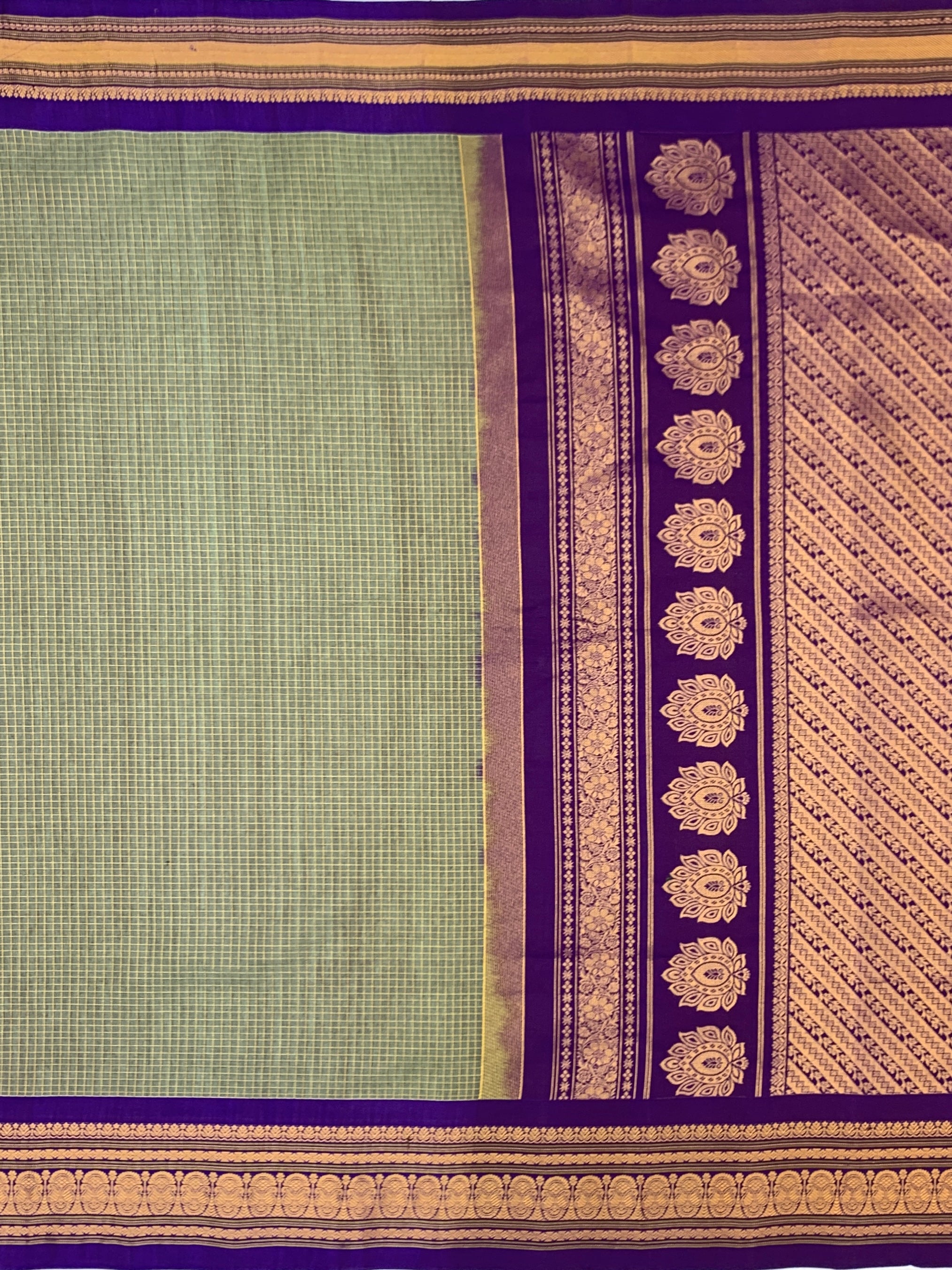 Elegant Sage Green & Purple Gadwal Cotton Saree