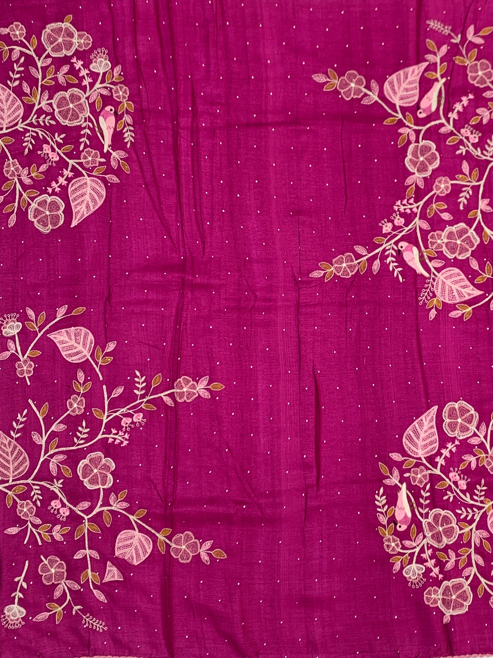 Radiant Fuchsia: Shibori-Inspired Mandala Tussar Silk Saree with Botanical Embroidery