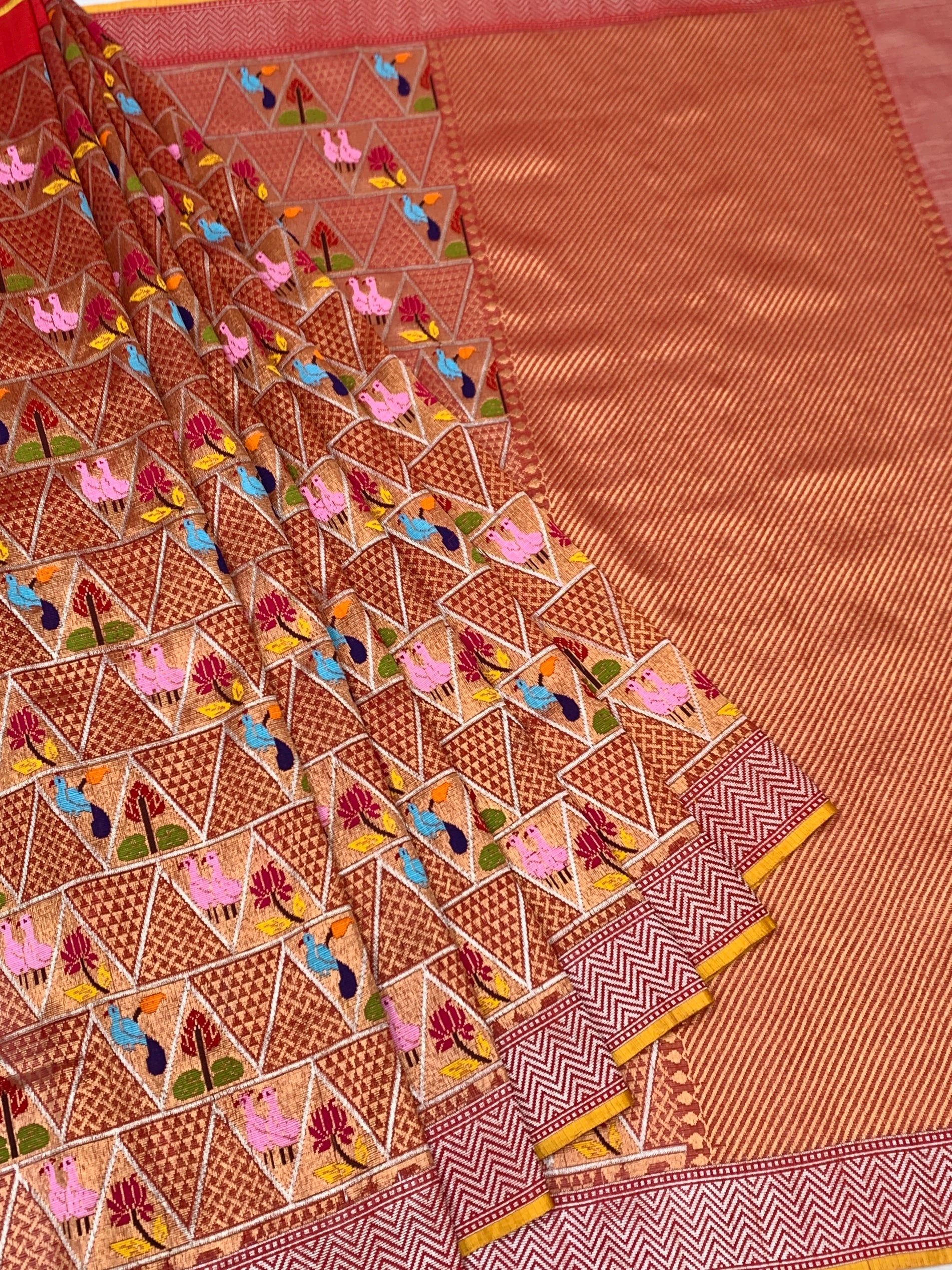 Terracotta Geometric Zari Kota Saree with Woven Bird & Floral Motifs