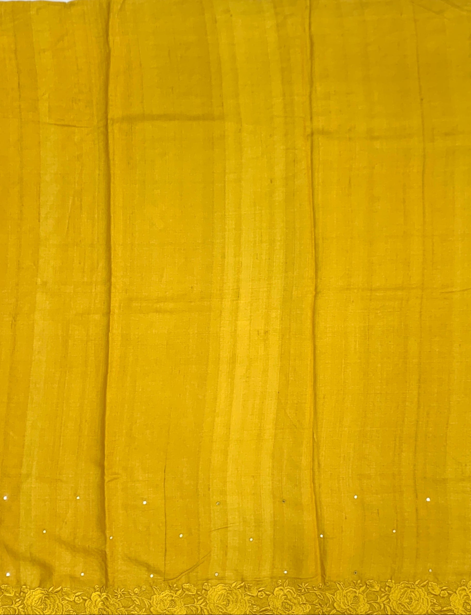 Mustard Yellow Tussore Silk Saree with Floral Cutwork Motifs & Tone-on-Tone Embroidered Border