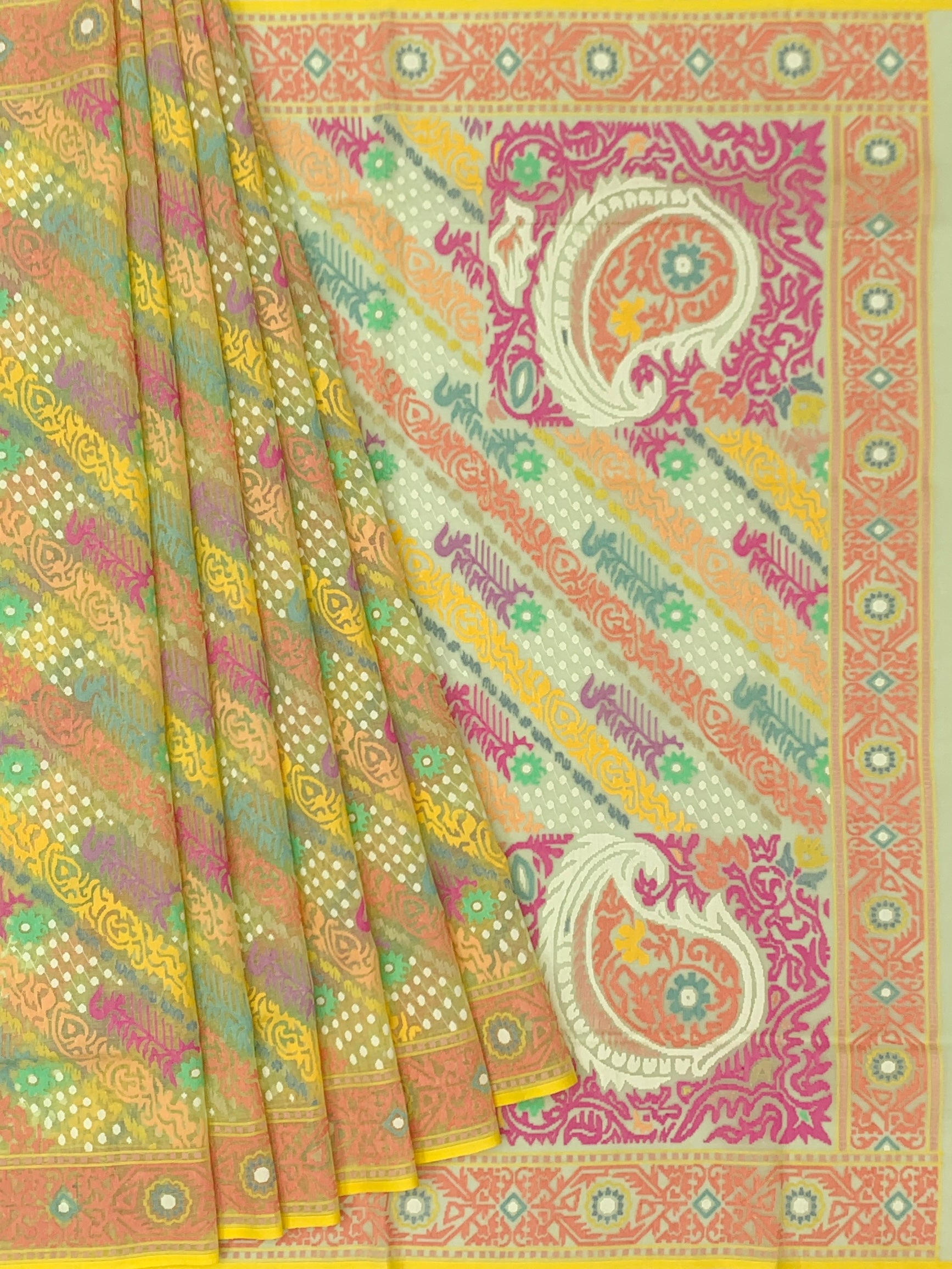 Pastel Mint Cotton Jamdani Saree with Diagonal Multi-Color Weaves and Statement Paisley Pallu