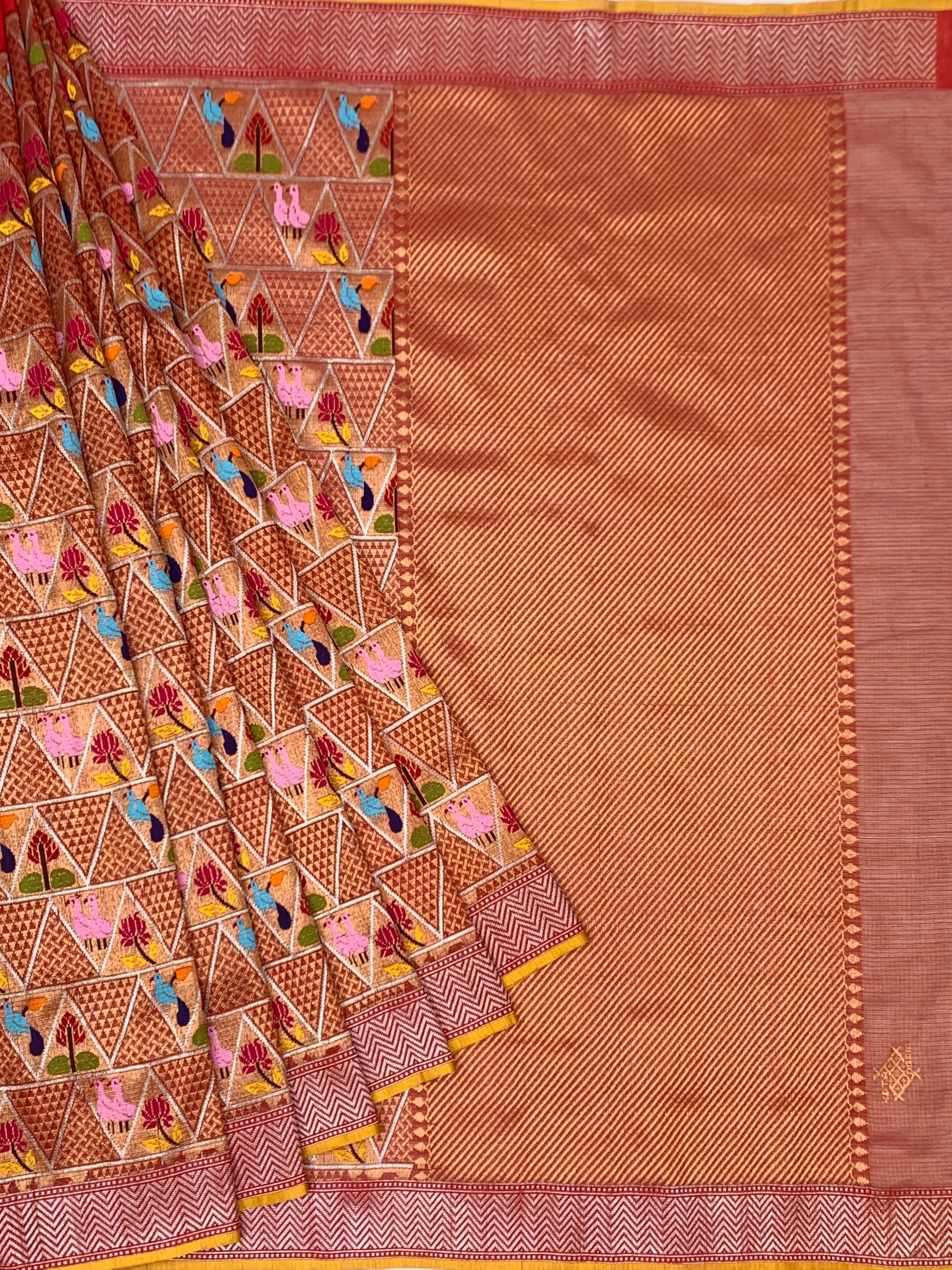 Terracotta Geometric Zari Kota Saree with Woven Bird & Floral Motifs