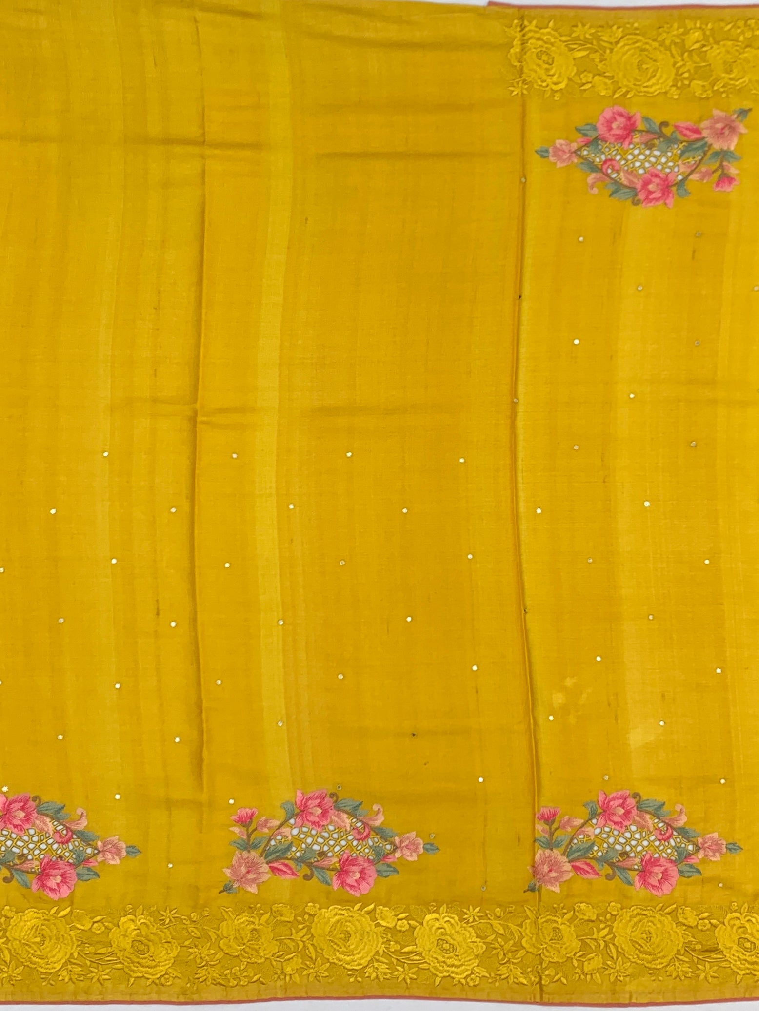 Mustard Yellow Tussore Silk Saree with Floral Cutwork Motifs & Tone-on-Tone Embroidered Border