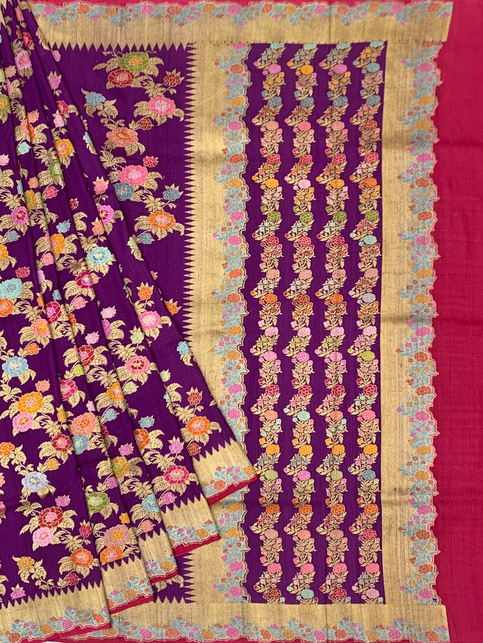Regal Aubergine Purple Tussore Georgette Saree with Meenakari Floral Jaal