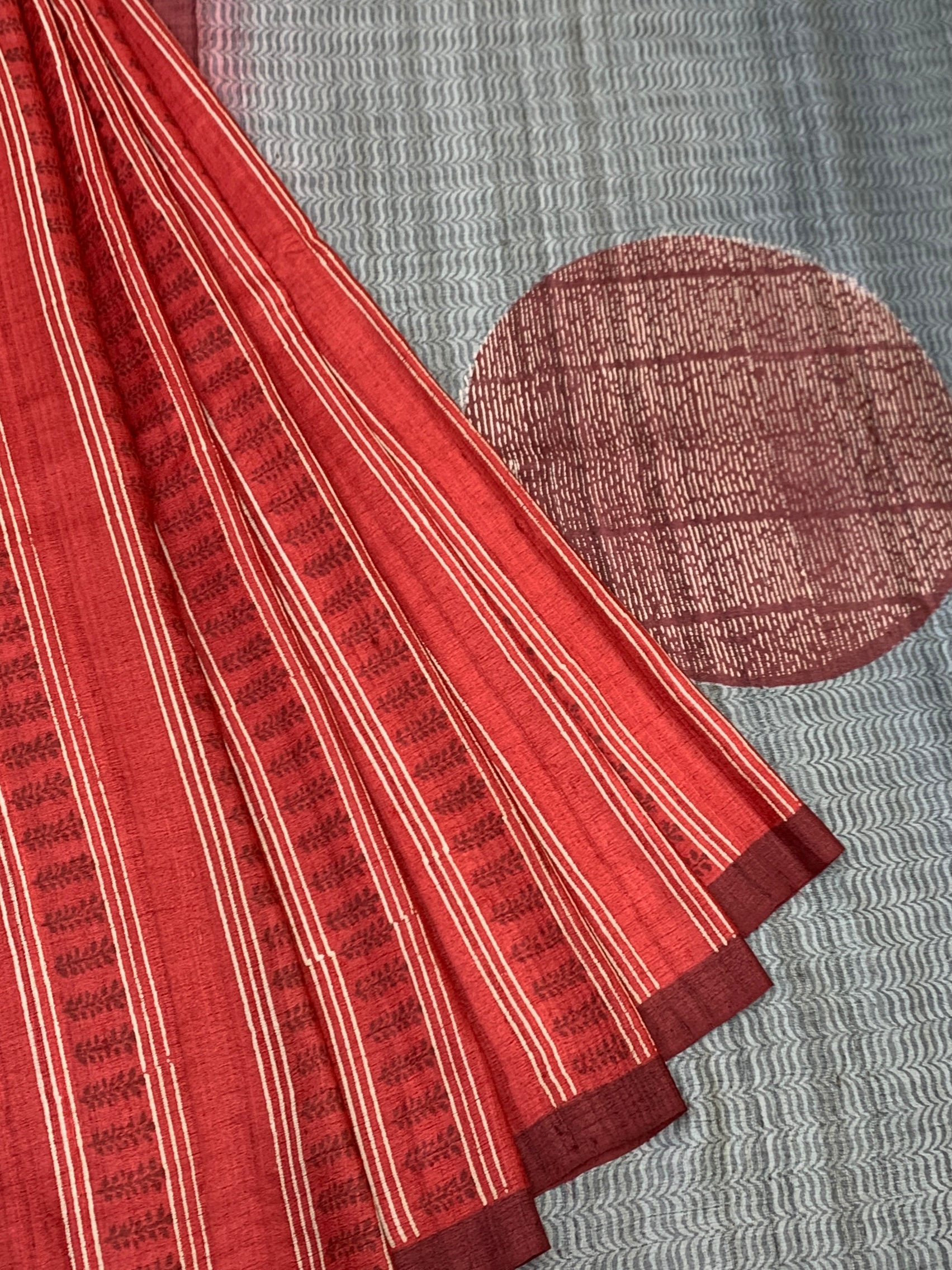 Crimson Red & Powder Blue Printed Tussore Saree
